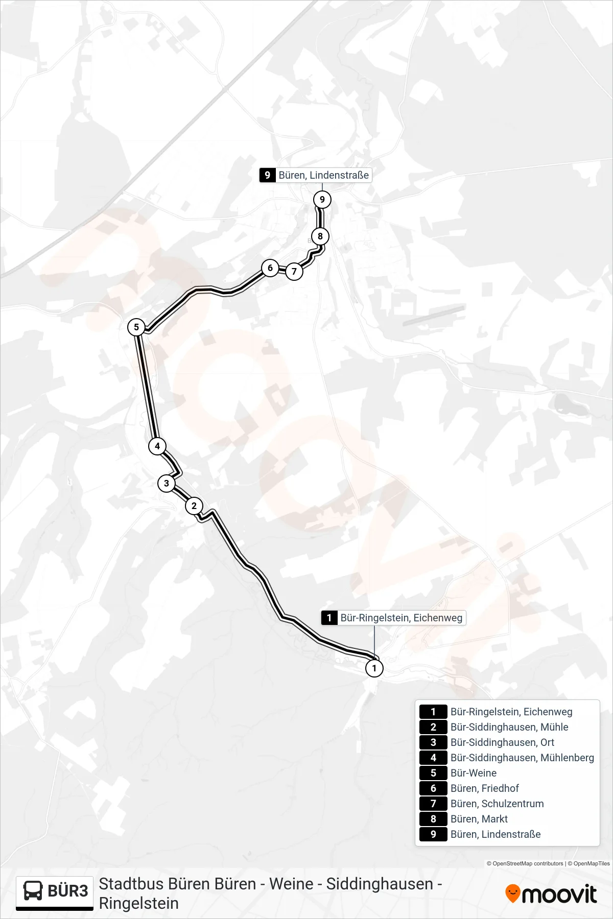 BÜR3 bus Line (Büren, Lindenstraße) route and stops on a map