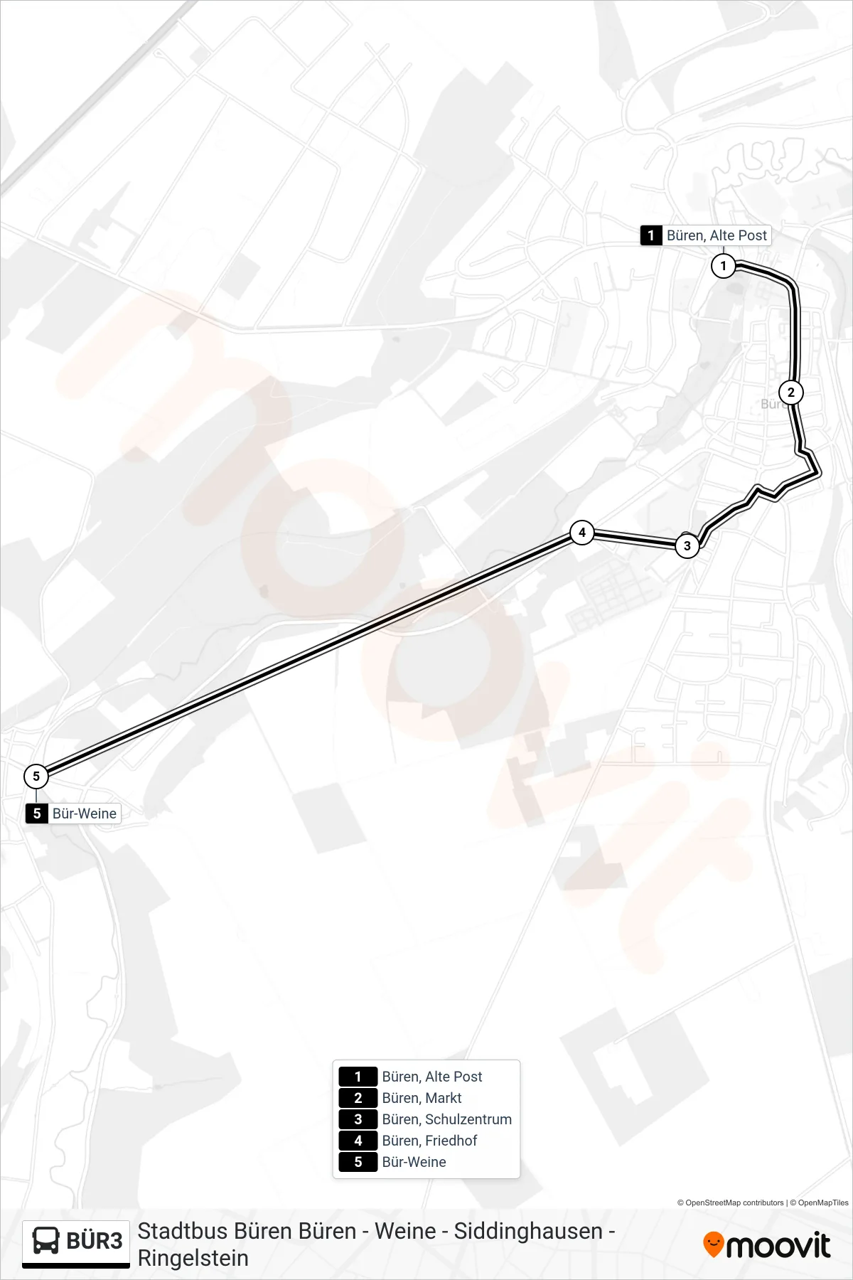 BÜR3 bus Line (Bür-Weine) route and stops on a map