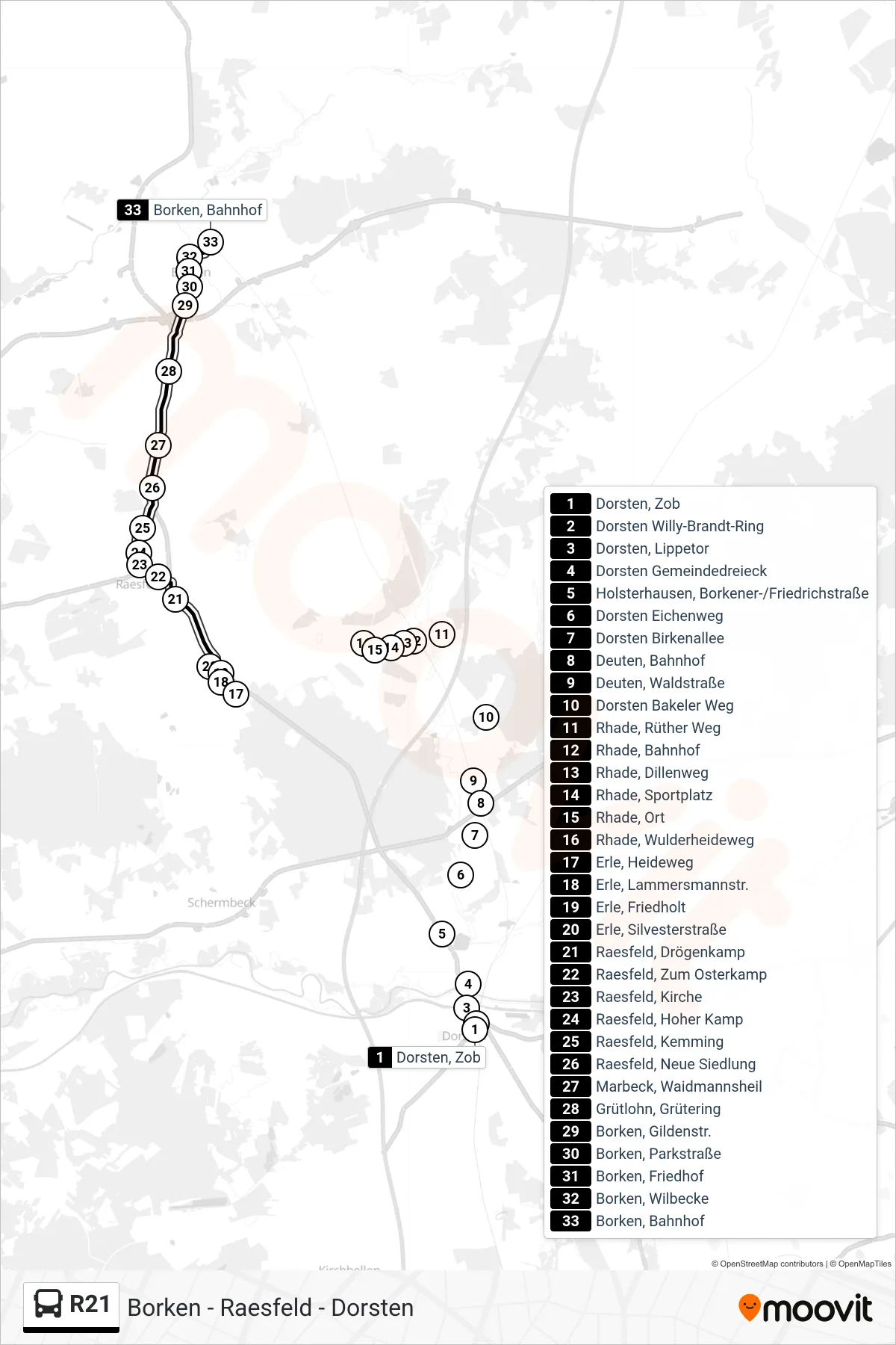 R21 tram Line (Borken, Bahnhof Bstg 2) route and stops on a map