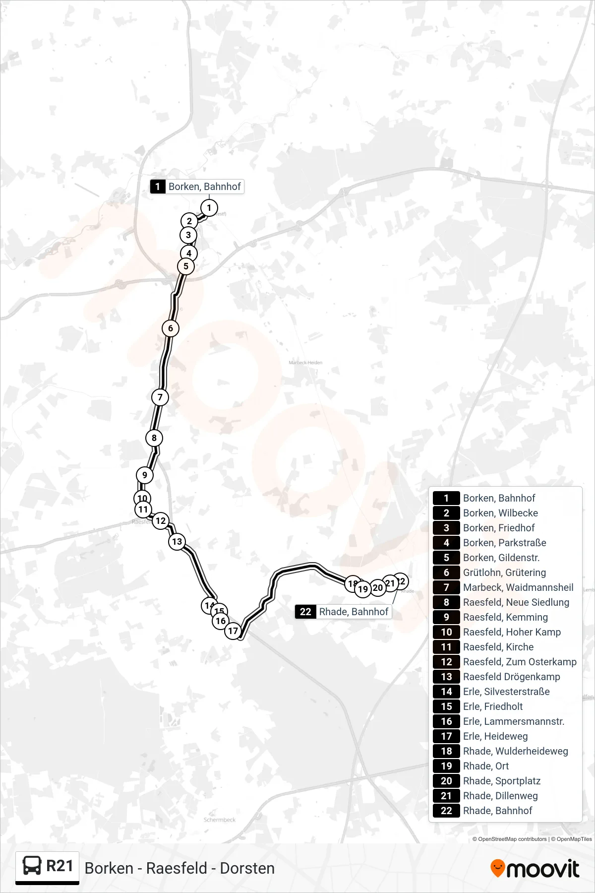 R21 tram Line (Rhade, Bahnhof) route and stops on a map