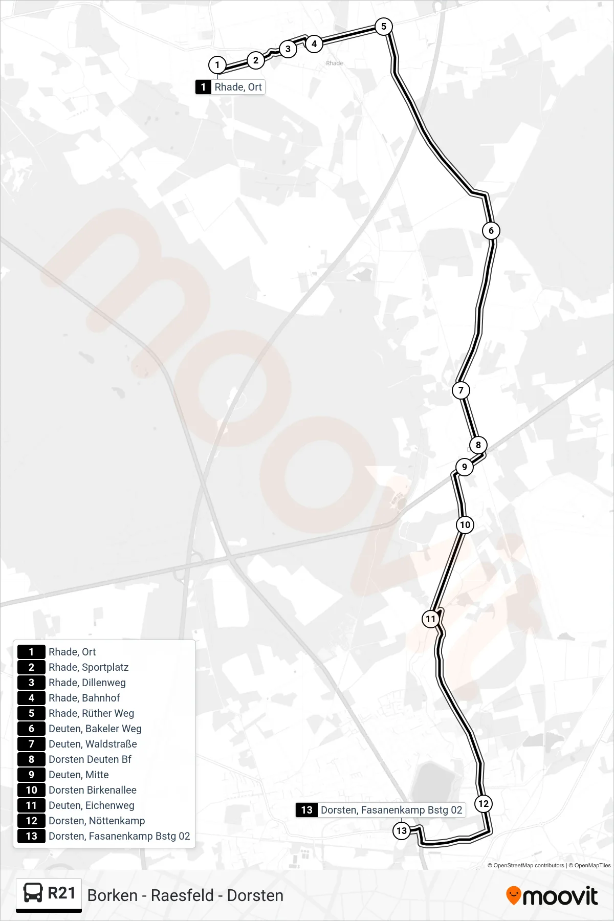 R21 tram Line (Dorsten, Fasanenkamp Bstg 02) route and stops on a map
