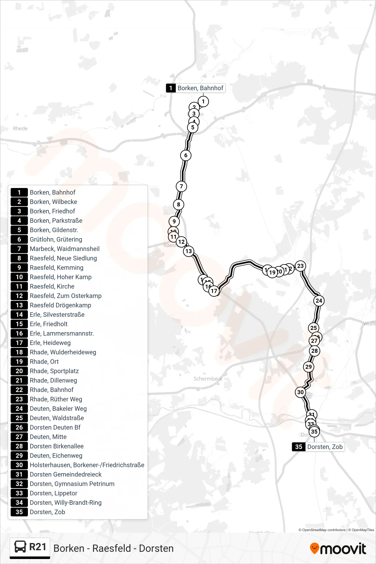 Linie R21 (Tram) Richtung Dorsten, Zob: Route und Haltestellen auf der Karte