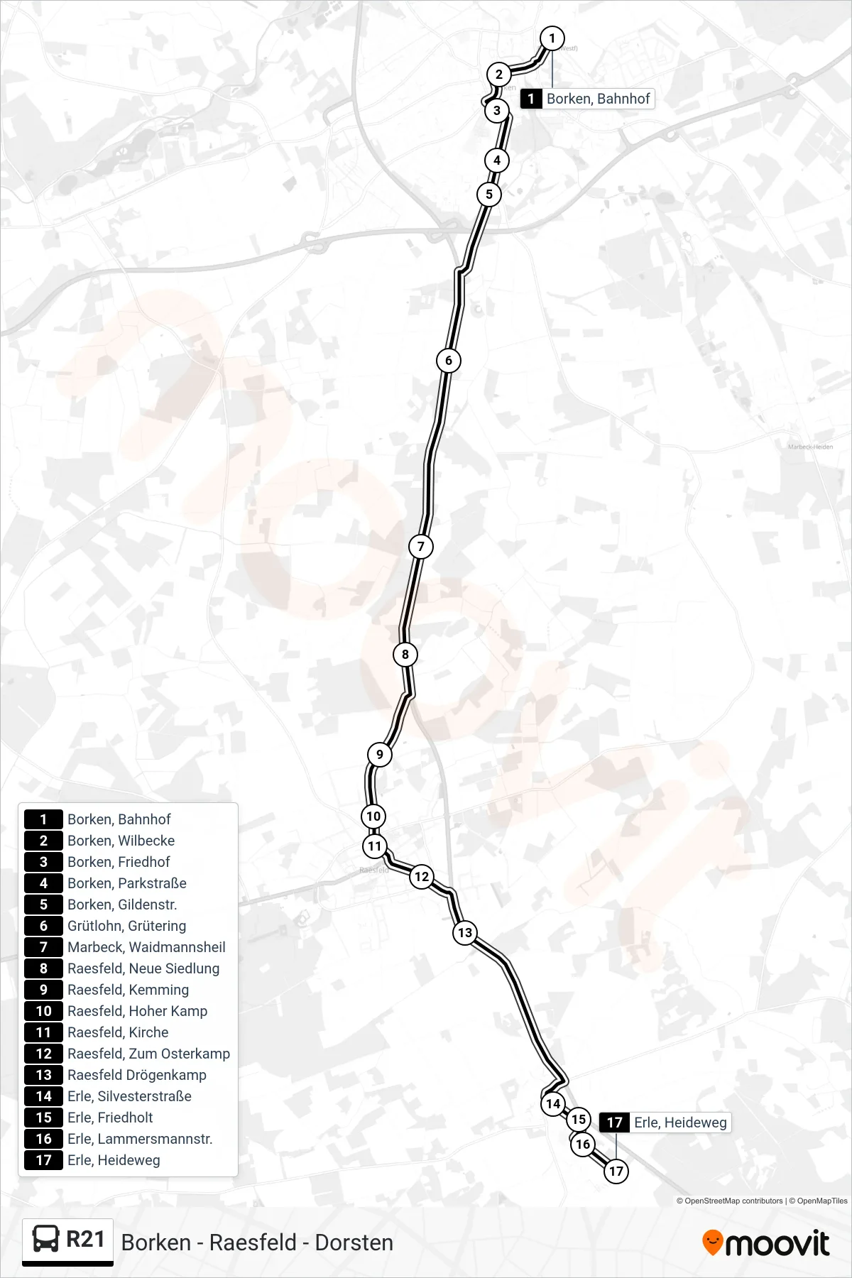 R21 tram Line (Erle, Heideweg) route and stops on a map