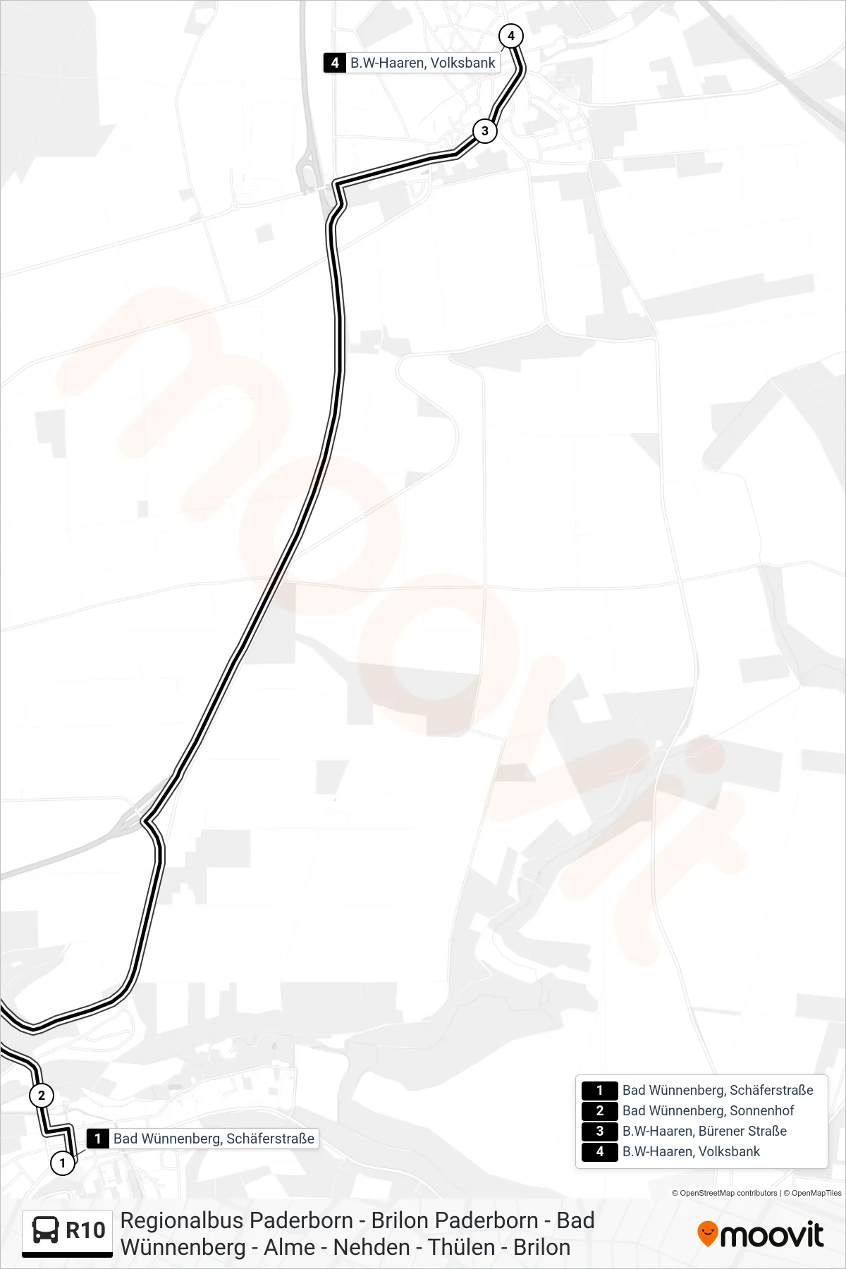 R10 bus Line (B.W-Haaren, Volksbank) route and stops on a map