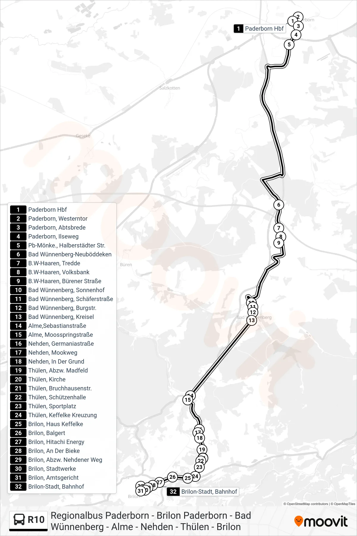 R10 bus Line (Brilon-Stadt, Bahnhof Bstg A) route and stops on a map