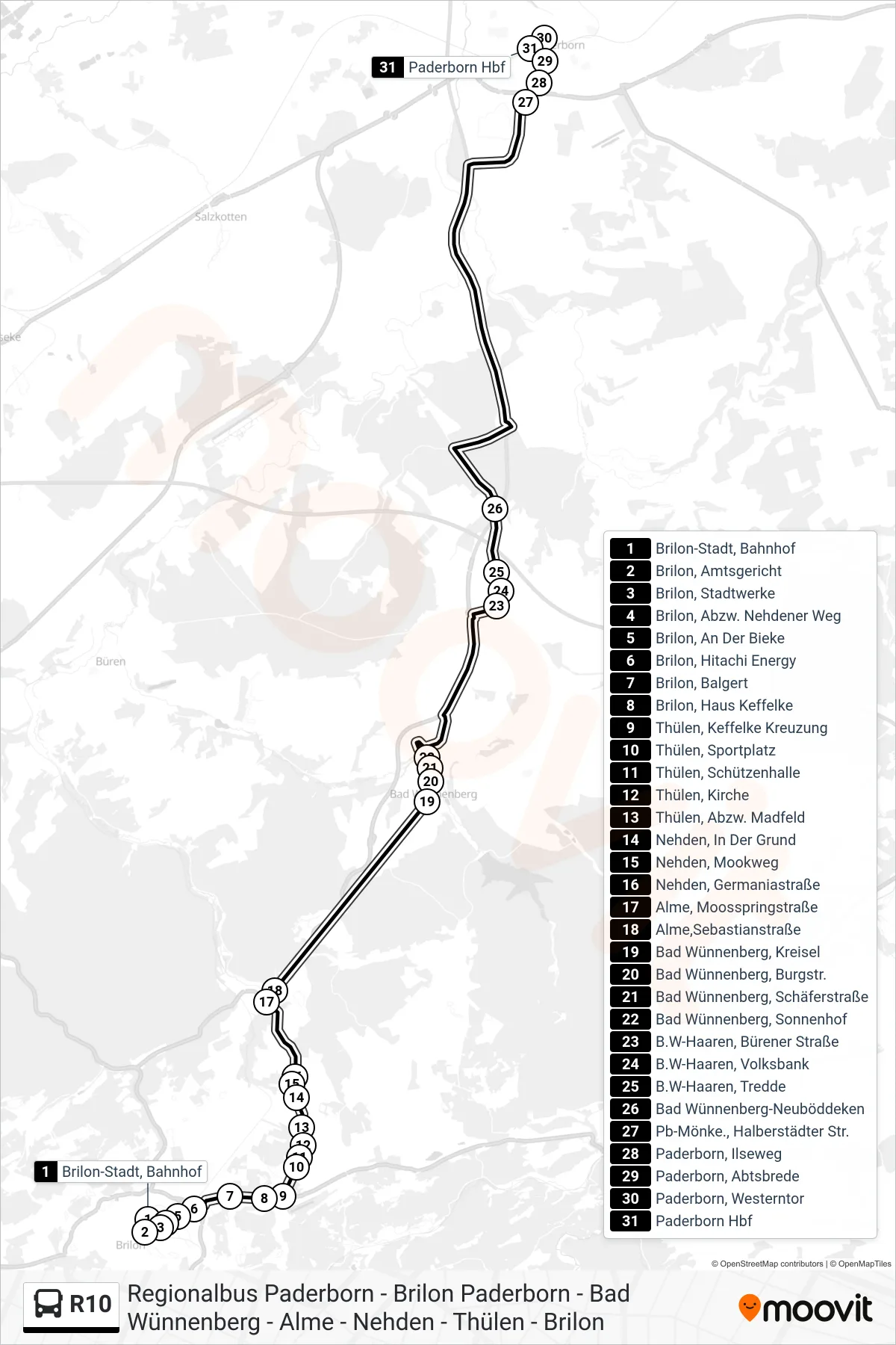 Linie R10 (Bus) Richtung Paderborn Hbf Bstg B: Route und Haltestellen auf der Karte