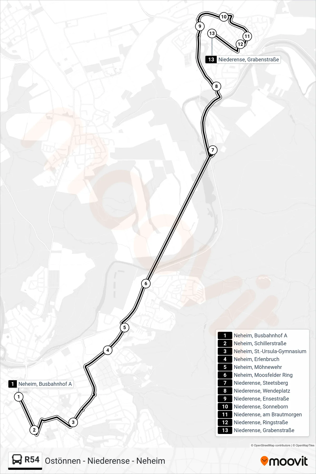 R54 bus Line (Niederense, Grabenstraße) route and stops on a map