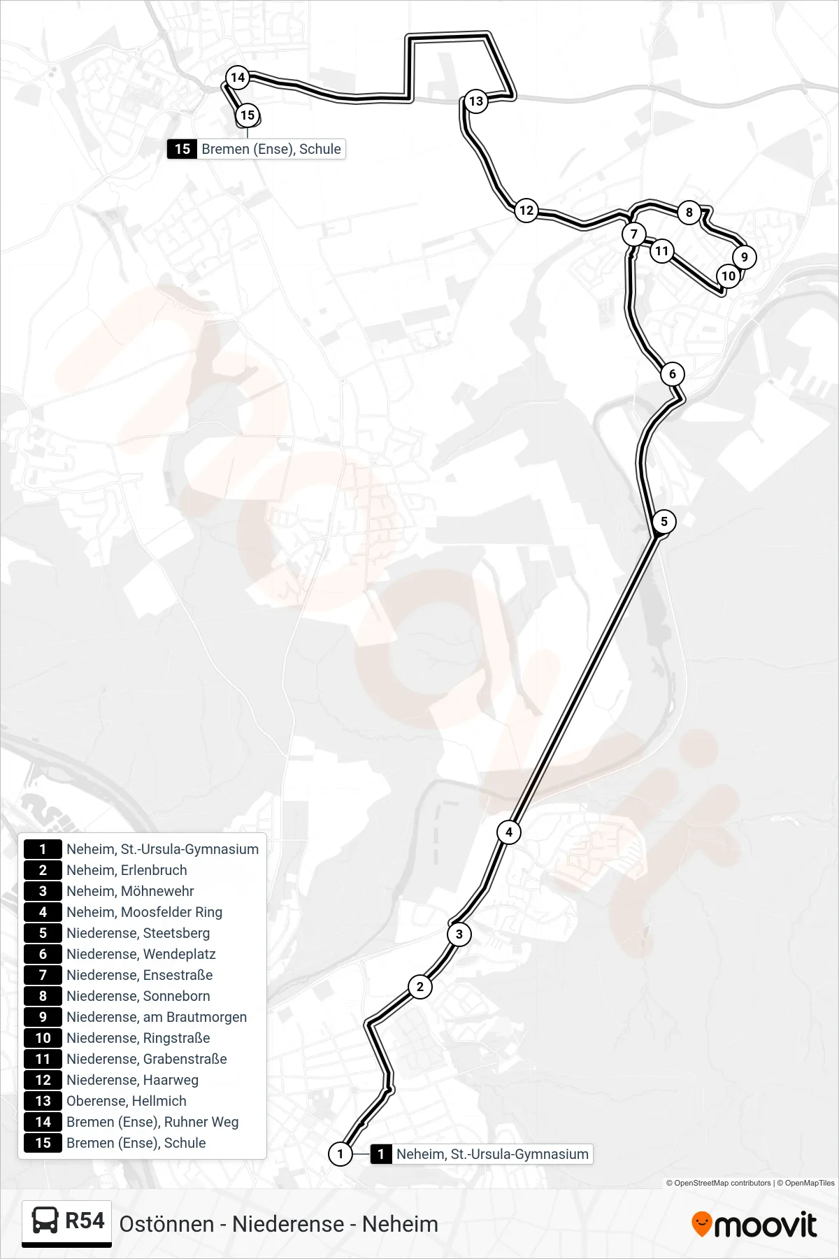R54 bus Line (Bremen (Ense), Schule) route and stops on a map