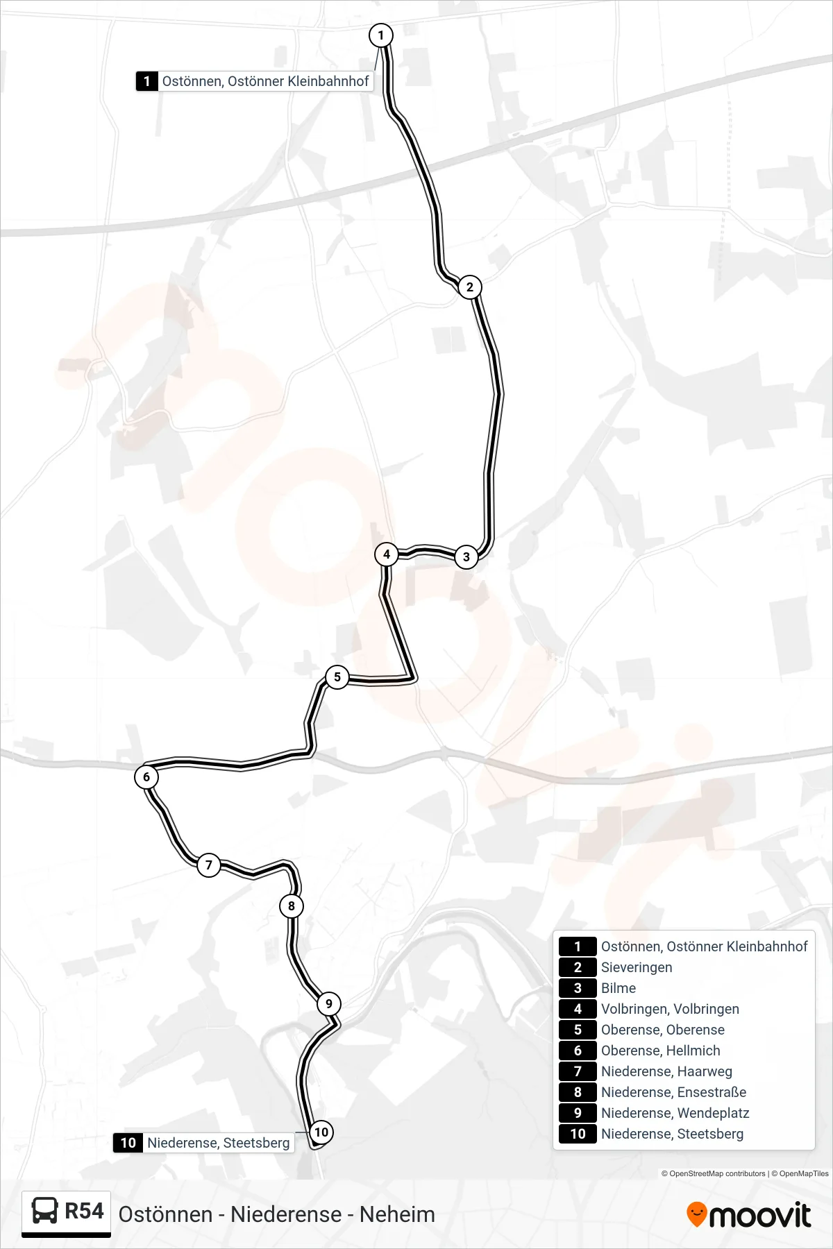 R54 bus Line (Niederense, Steetsberg) route and stops on a map