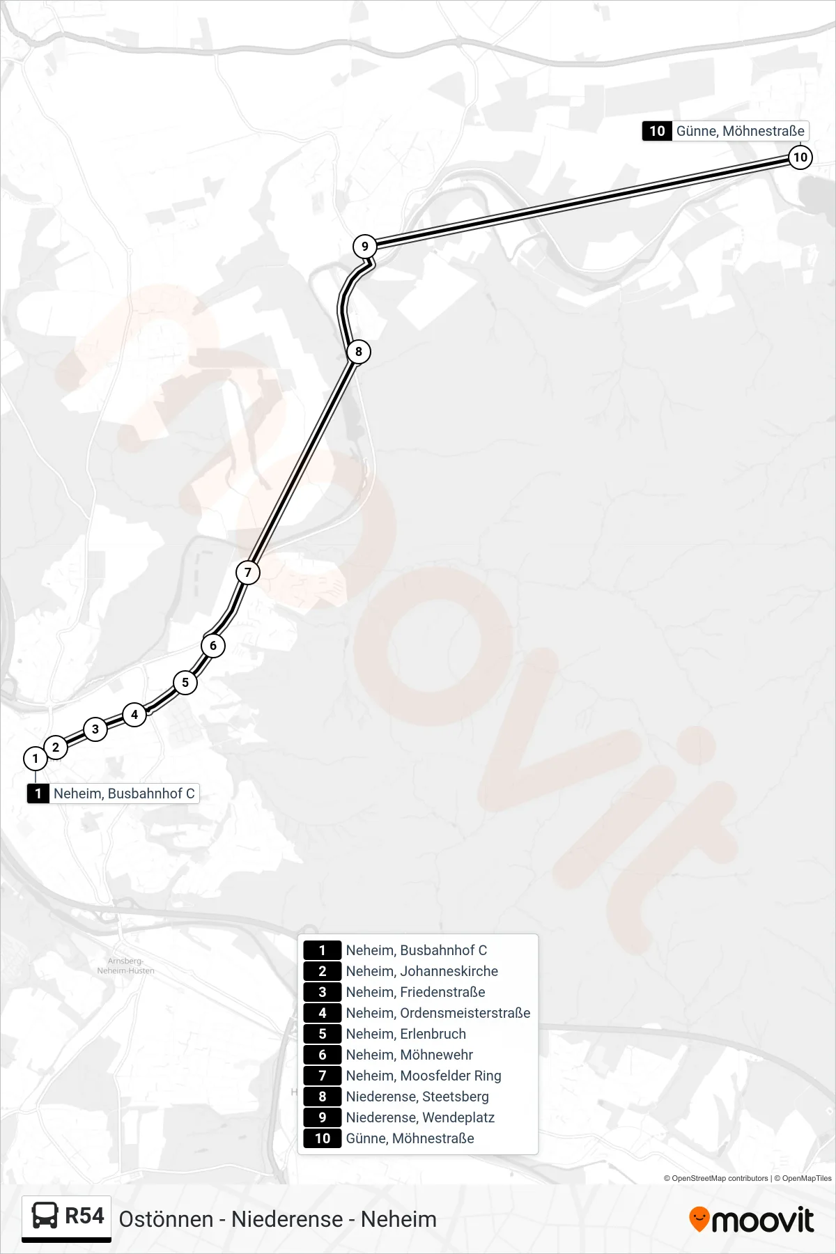 R54 bus Line (Günne, Möhnestraße) route and stops on a map