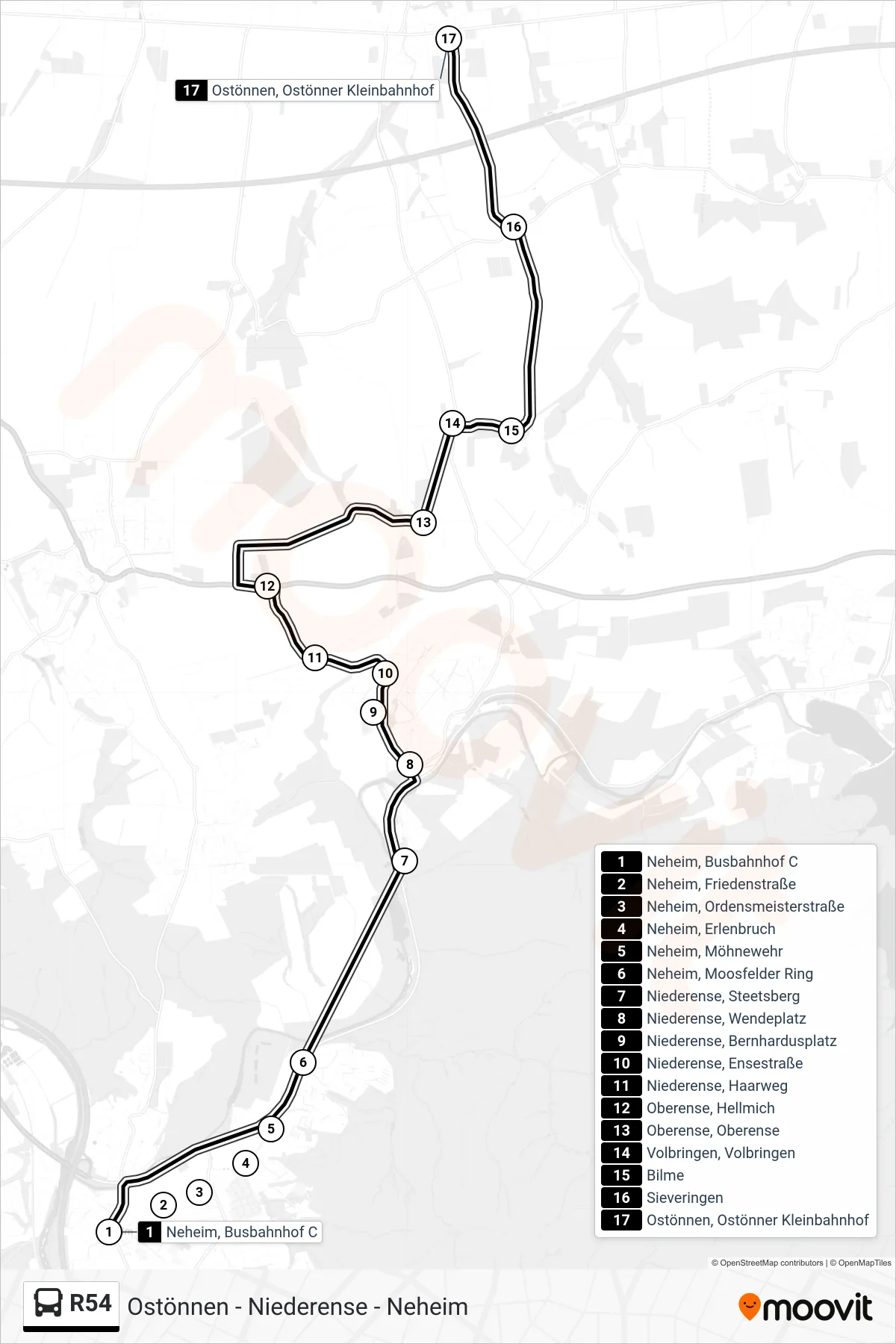 R54 bus Line (Ostönnen, Ostönner Kleinbahnhof) route and stops on a map