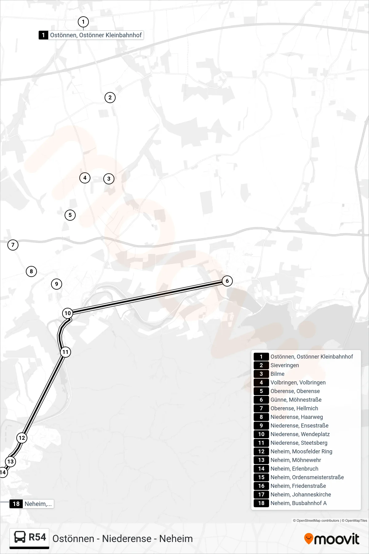 Linie R54 (Bus) Richtung Neheim, Busbahnhof A: Route und Haltestellen auf der Karte