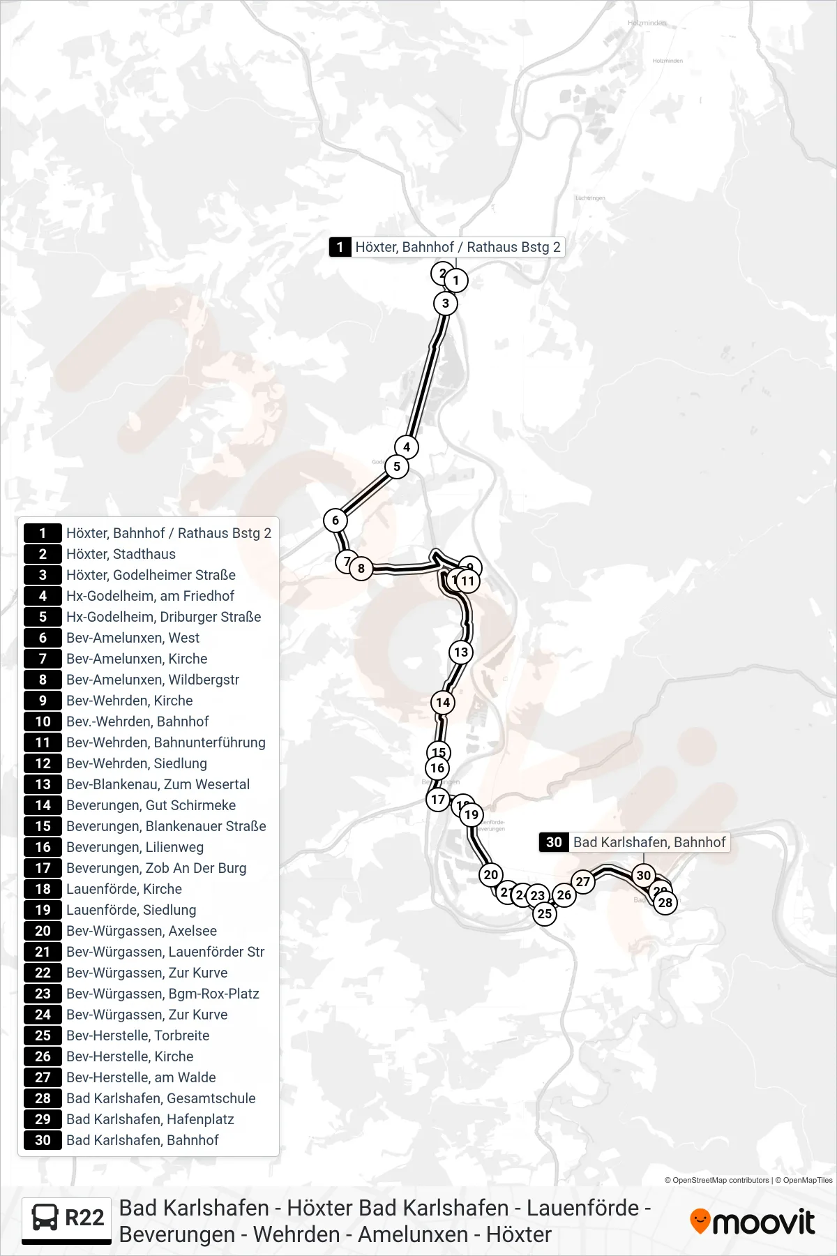 R22 bus Line (Bad Karlshafen, Bahnhof) route and stops on a map