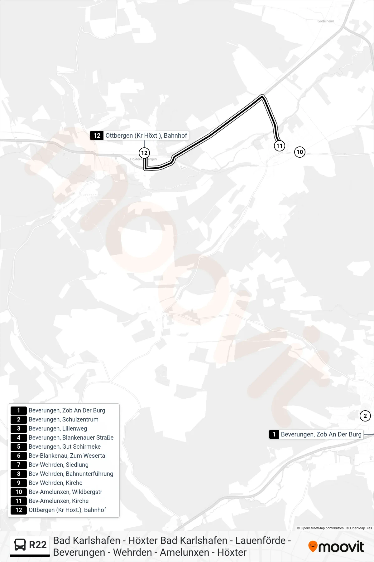 R22 bus Line (Ottbergen (Kr Höxt.), Bahnhof) route and stops on a map