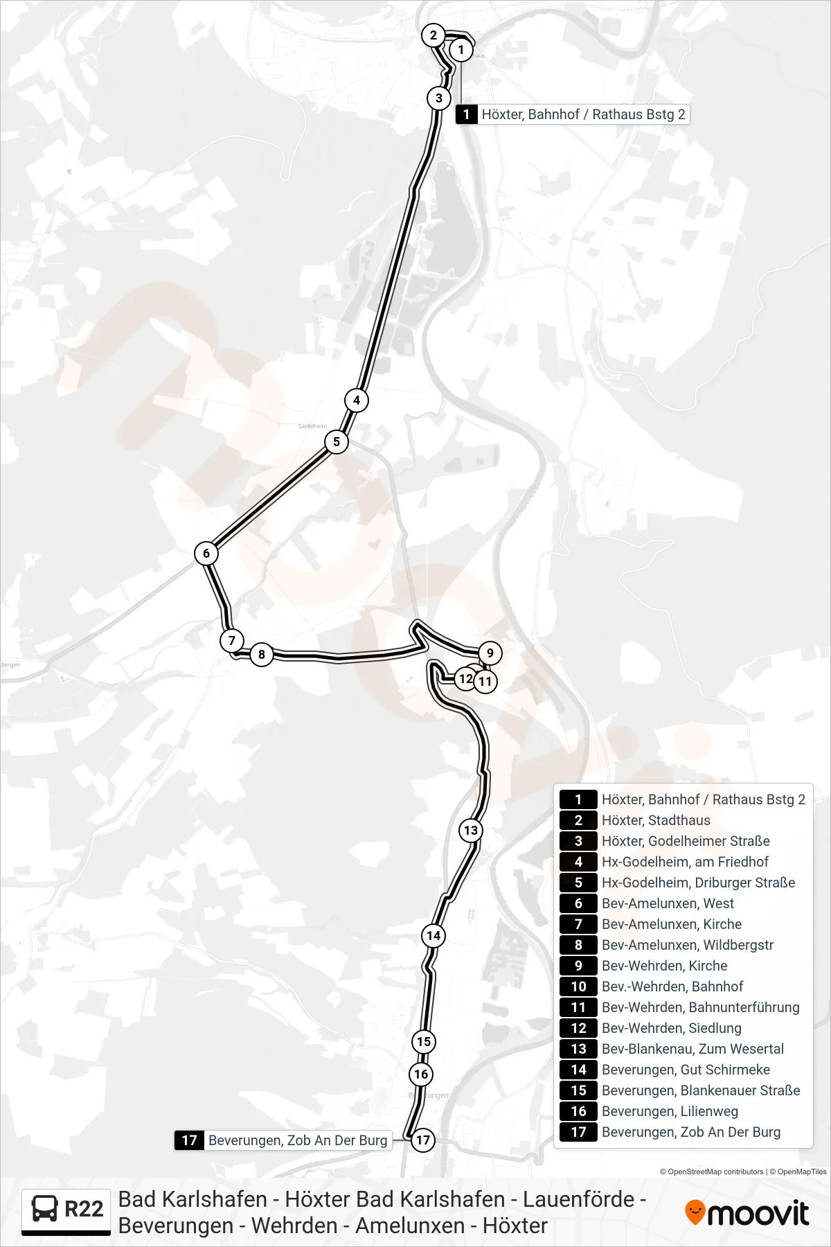 R22 bus Line (Beverungen, Zob An Der Burg) route and stops on a map