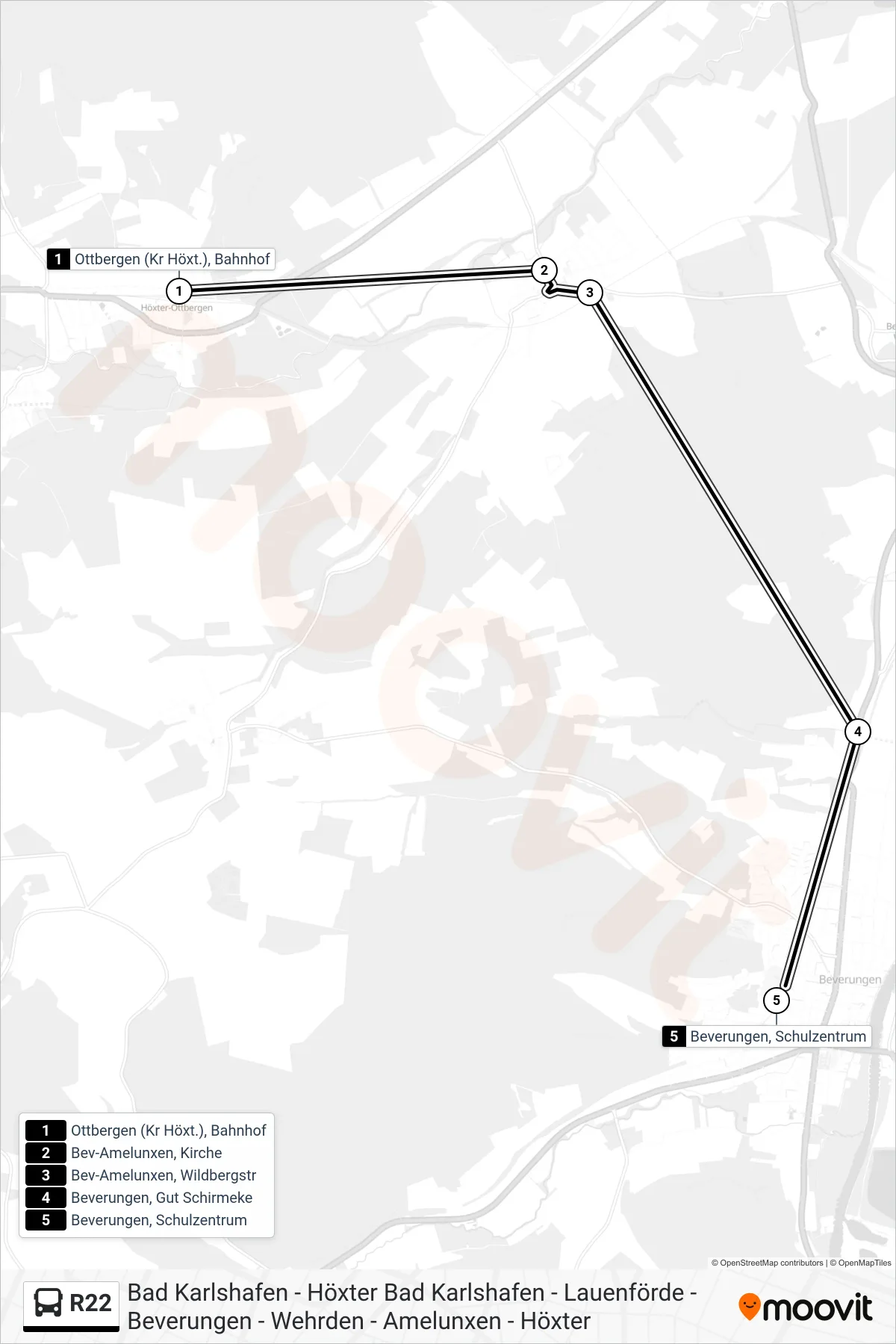 R22 bus Line (Beverungen, Schulzentrum) route and stops on a map
