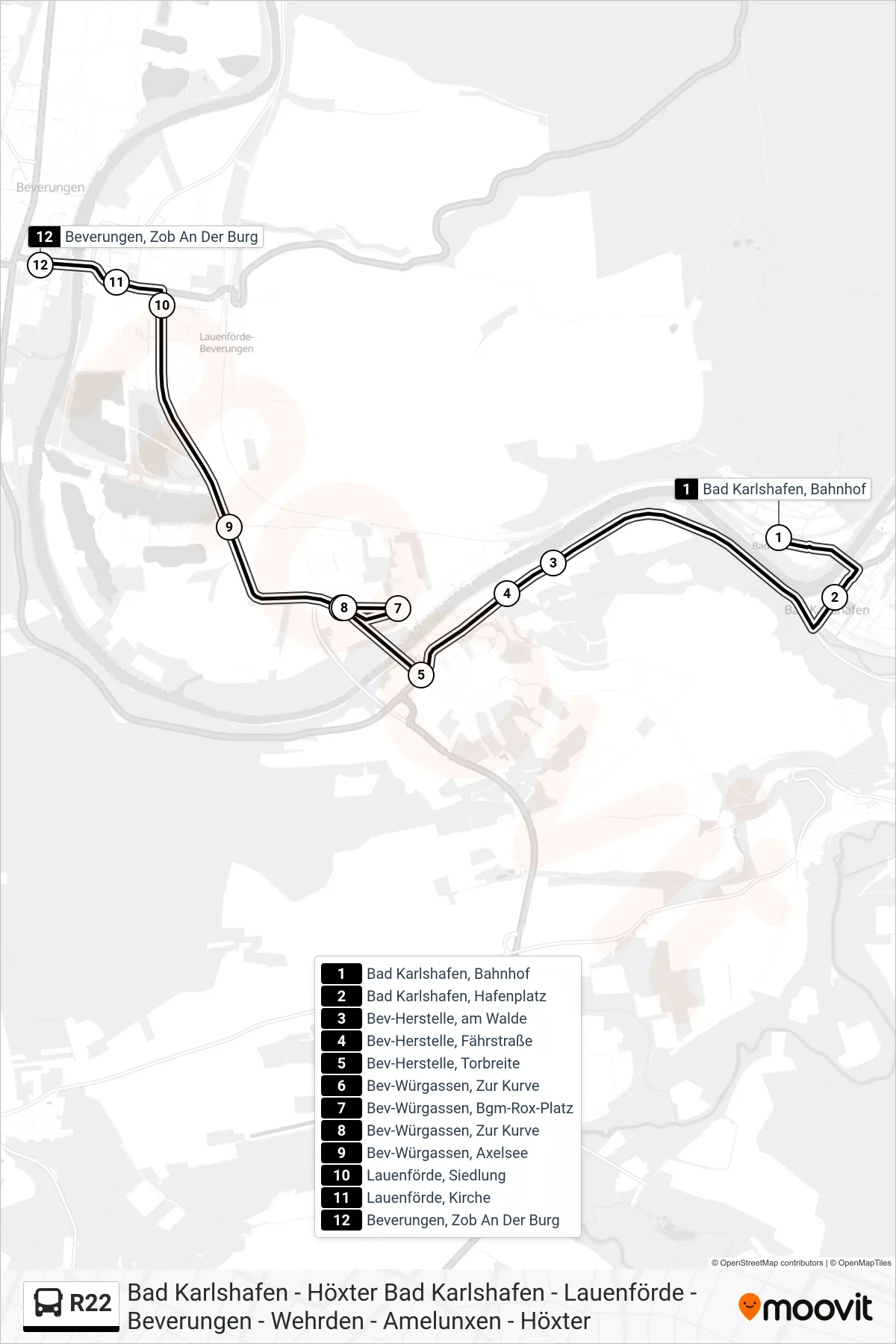R22 bus Line (Beverungen, Zob An Der Burg) route and stops on a map