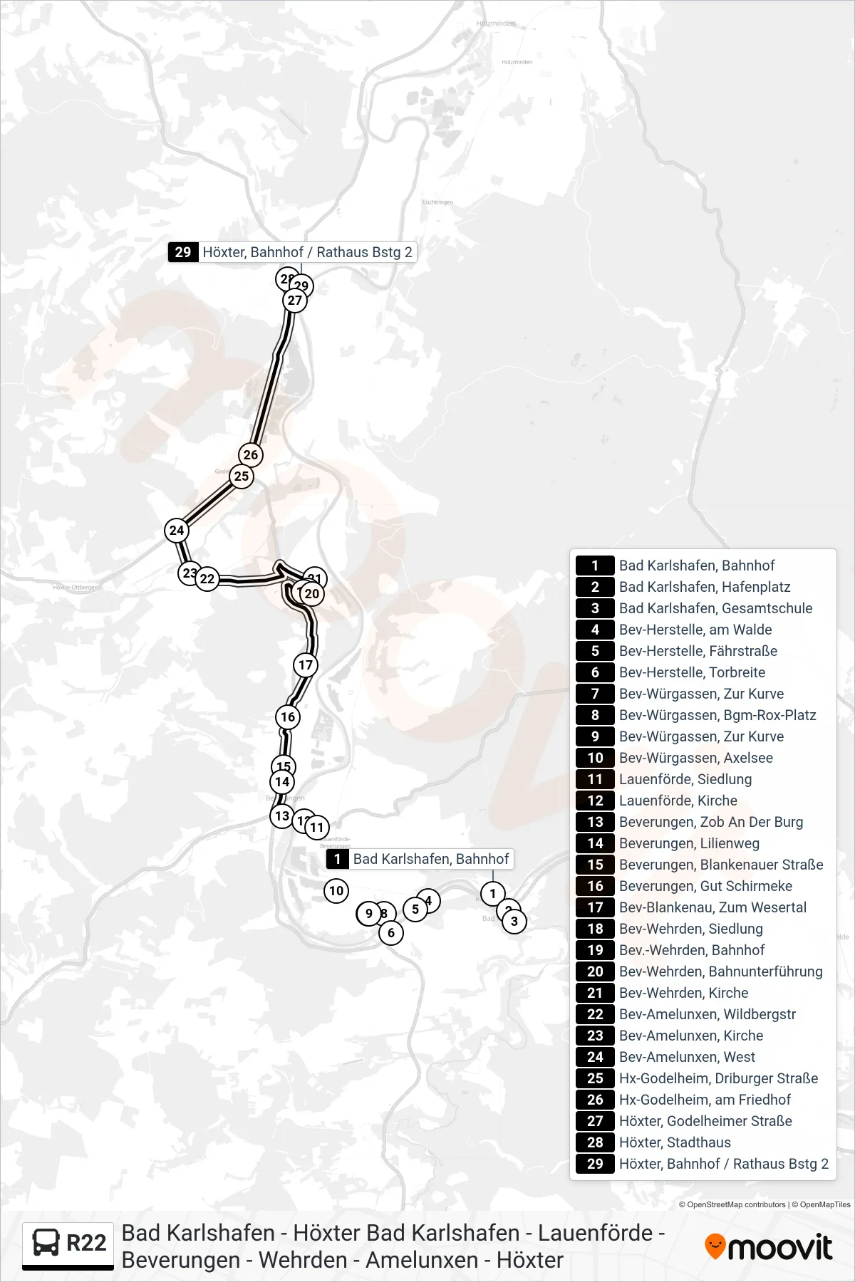 R22 bus Line (Höxter, Bahnhof / Rathaus Bstg 2) route and stops on a map