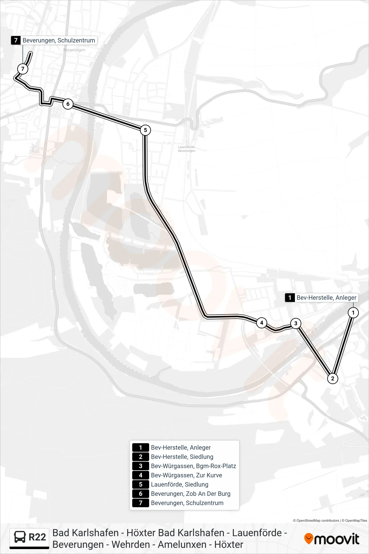 Linie R22 (Bus) Richtung Beverungen, Schulzentrum: Route und Haltestellen auf der Karte