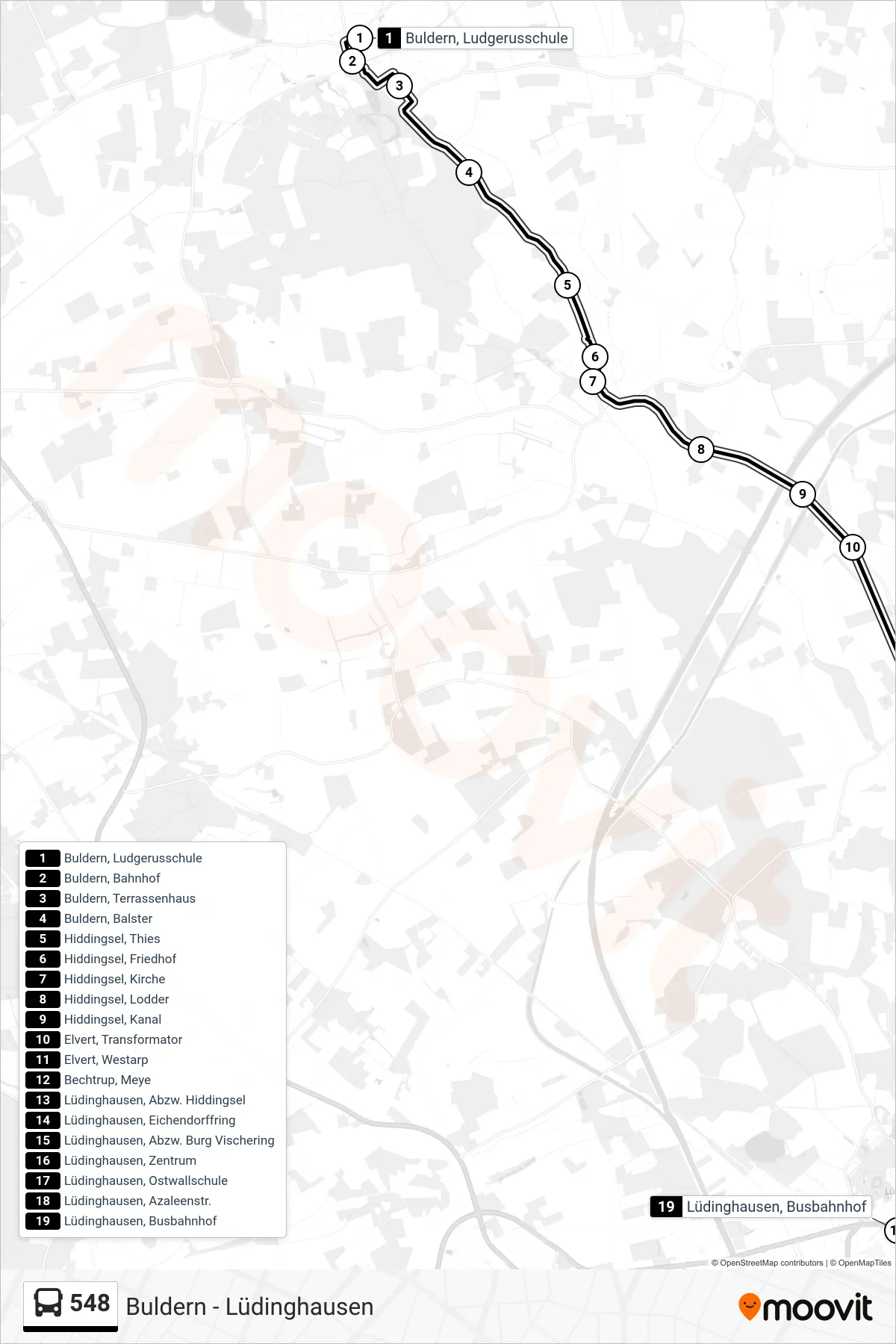 Linie 548 (Bus) Richtung Lüdinghausen, Busbahnhof F: Route und Haltestellen auf der Karte