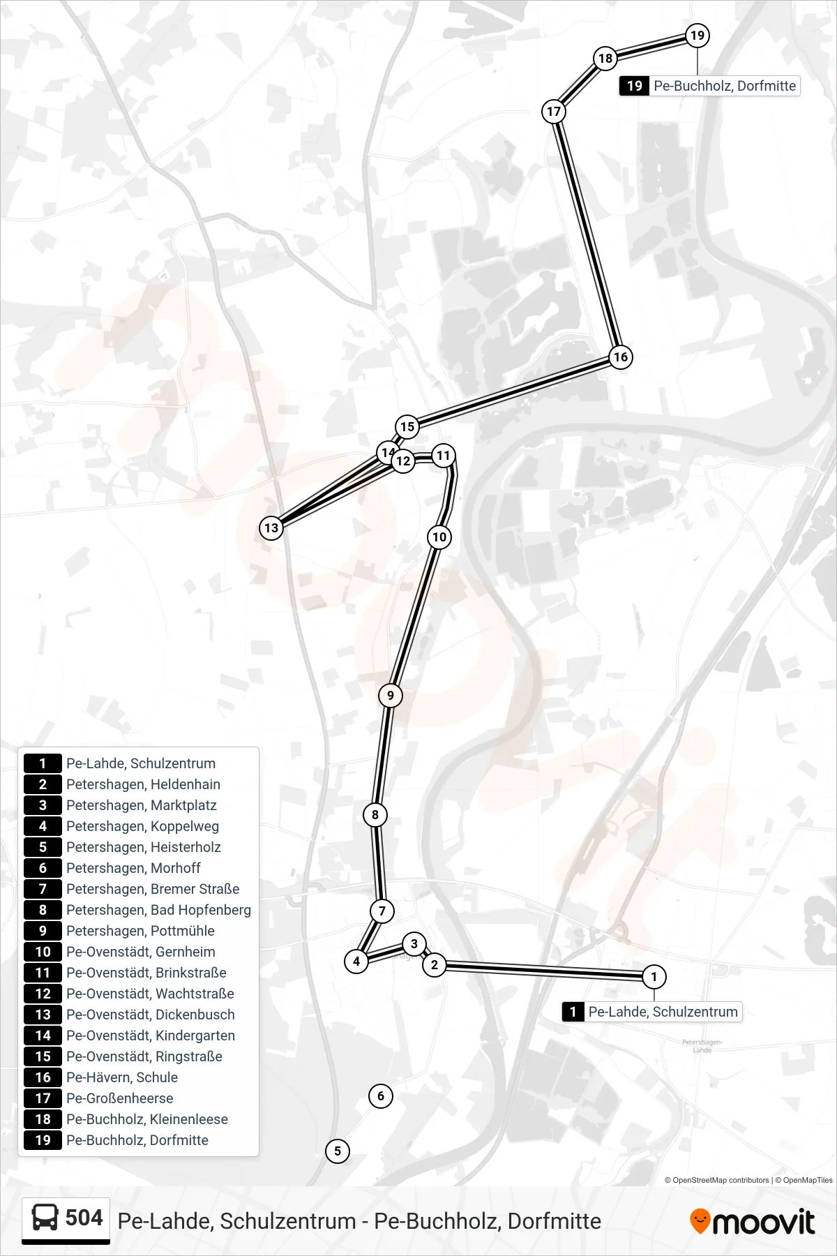 504 bus Line (Buchholz Dorfmitte) route and stops on a map