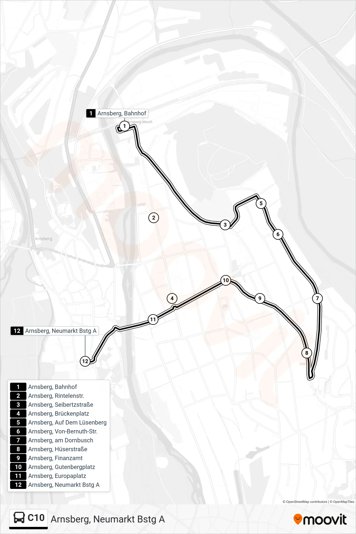 C10 bus Line (Arnsberg, Neumarkt Bstg A) route and stops on a map