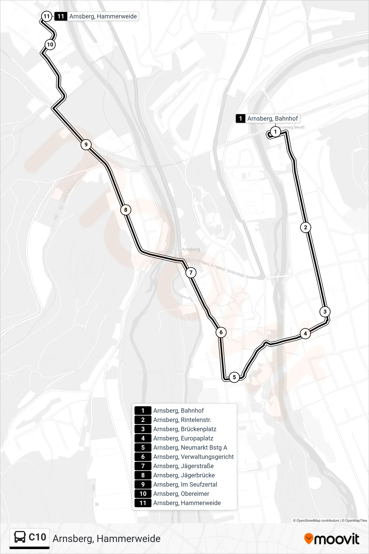 C10 bus Line (Arnsberg, Hammerweide) route and stops on a map