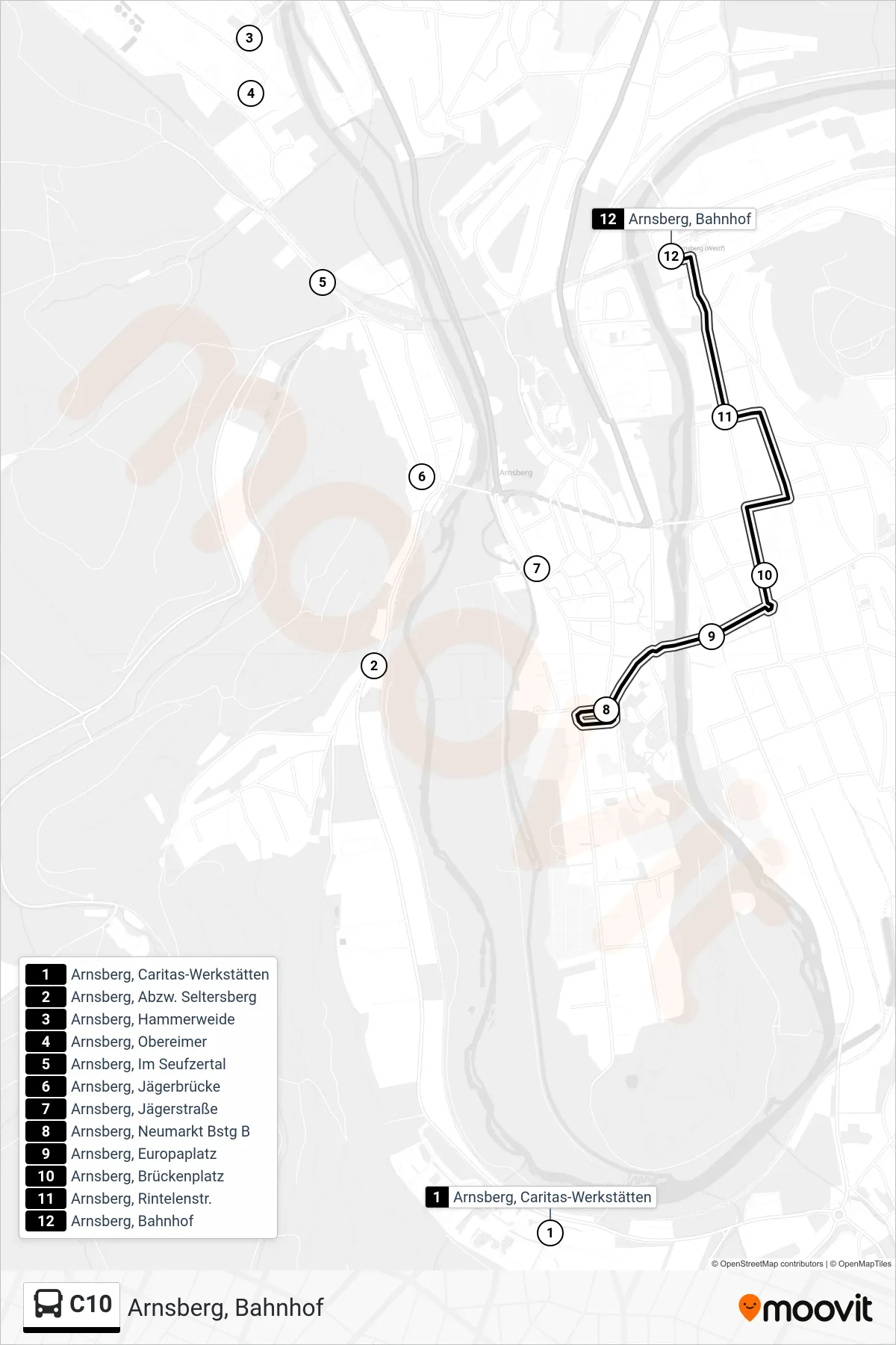 C10 bus Line (Arnsberg, Bahnhof) route and stops on a map
