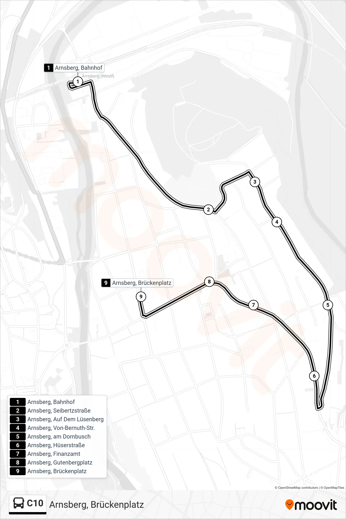 C10 bus Line (Arnsberg, Brückenplatz) route and stops on a map