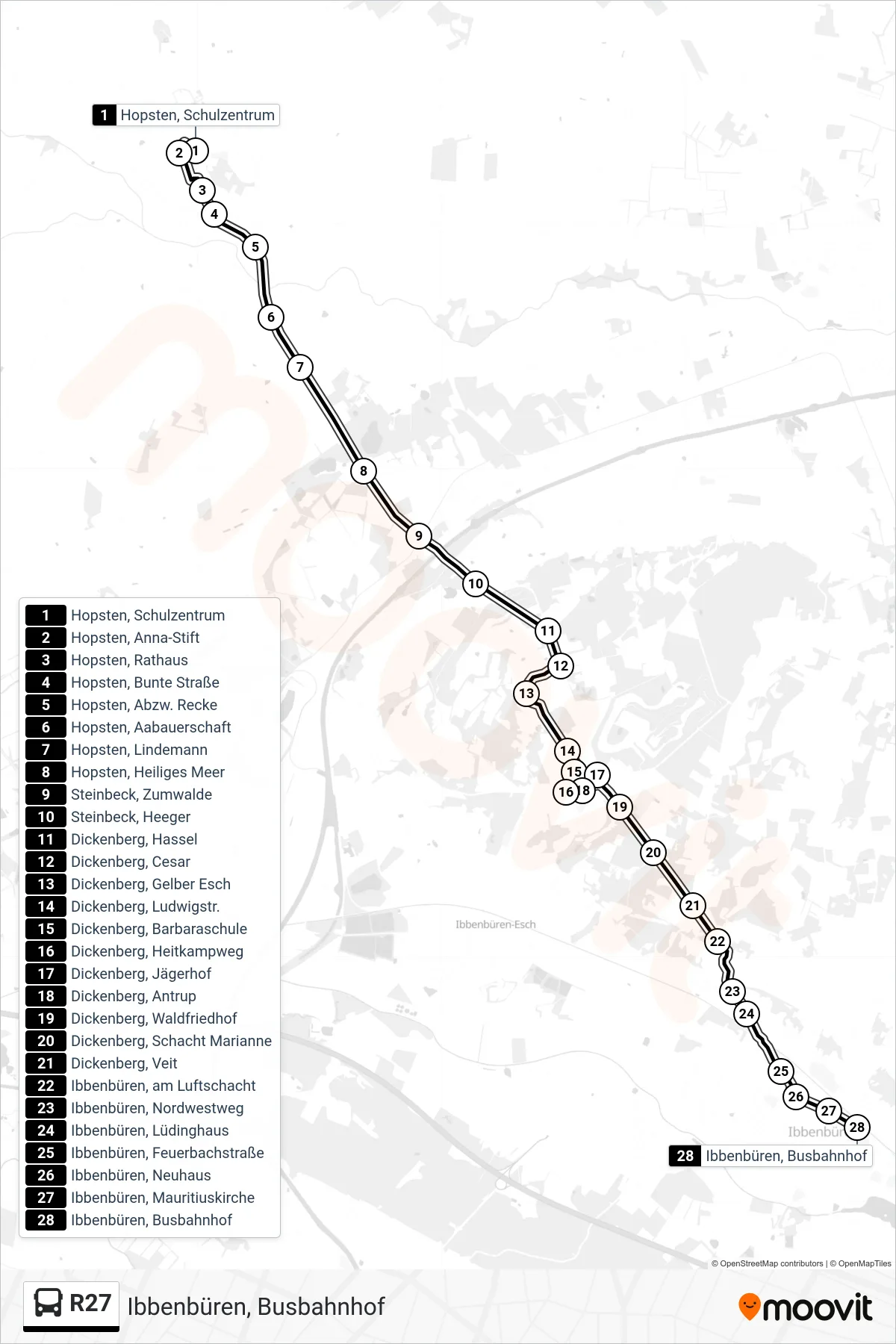 R27 bus Line (Ibbenbüren, Busbahnhof) route and stops on a map