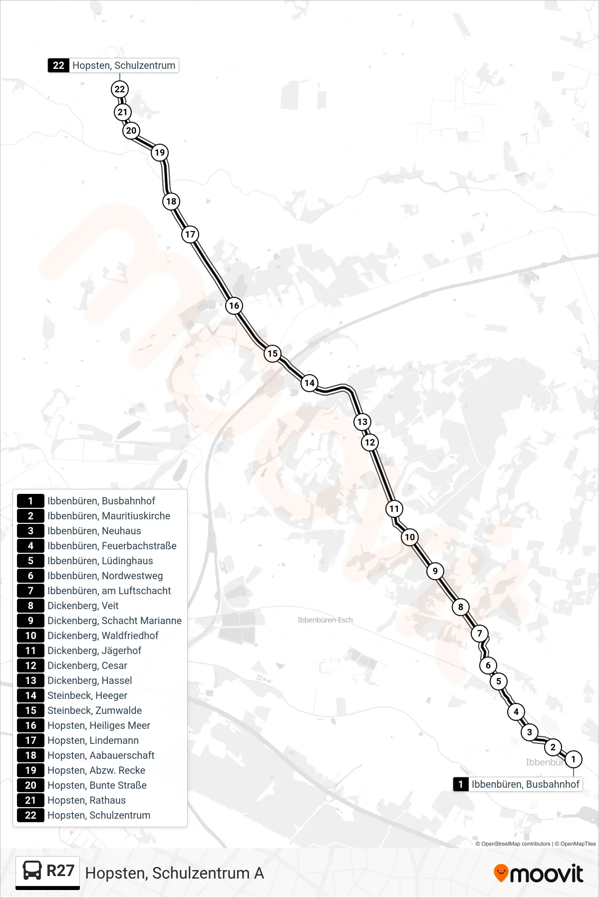 Linie R27 (Bus) Richtung Hopsten, Schulzentrum A: Route und Haltestellen auf der Karte