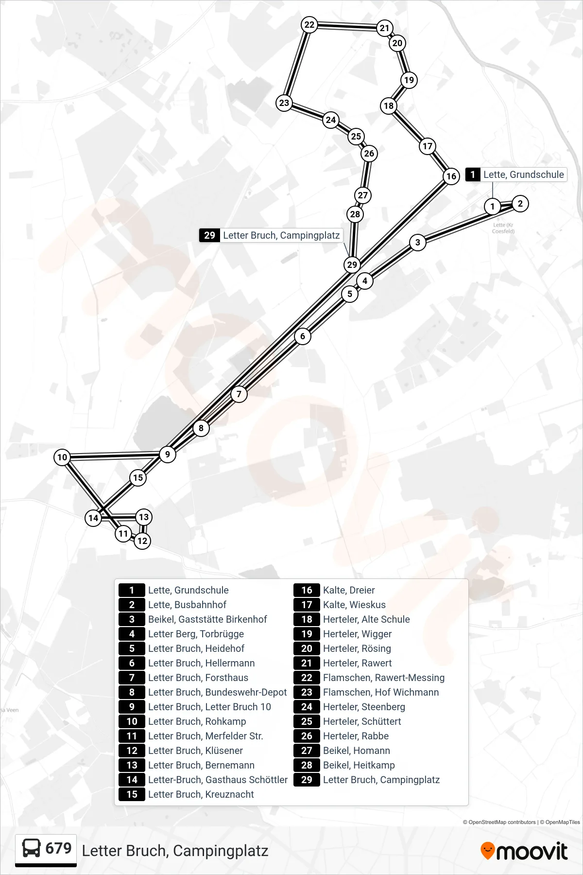Linie 679 (Bus) Richtung Letter Bruch, Campingplatz: Route und Haltestellen auf der Karte