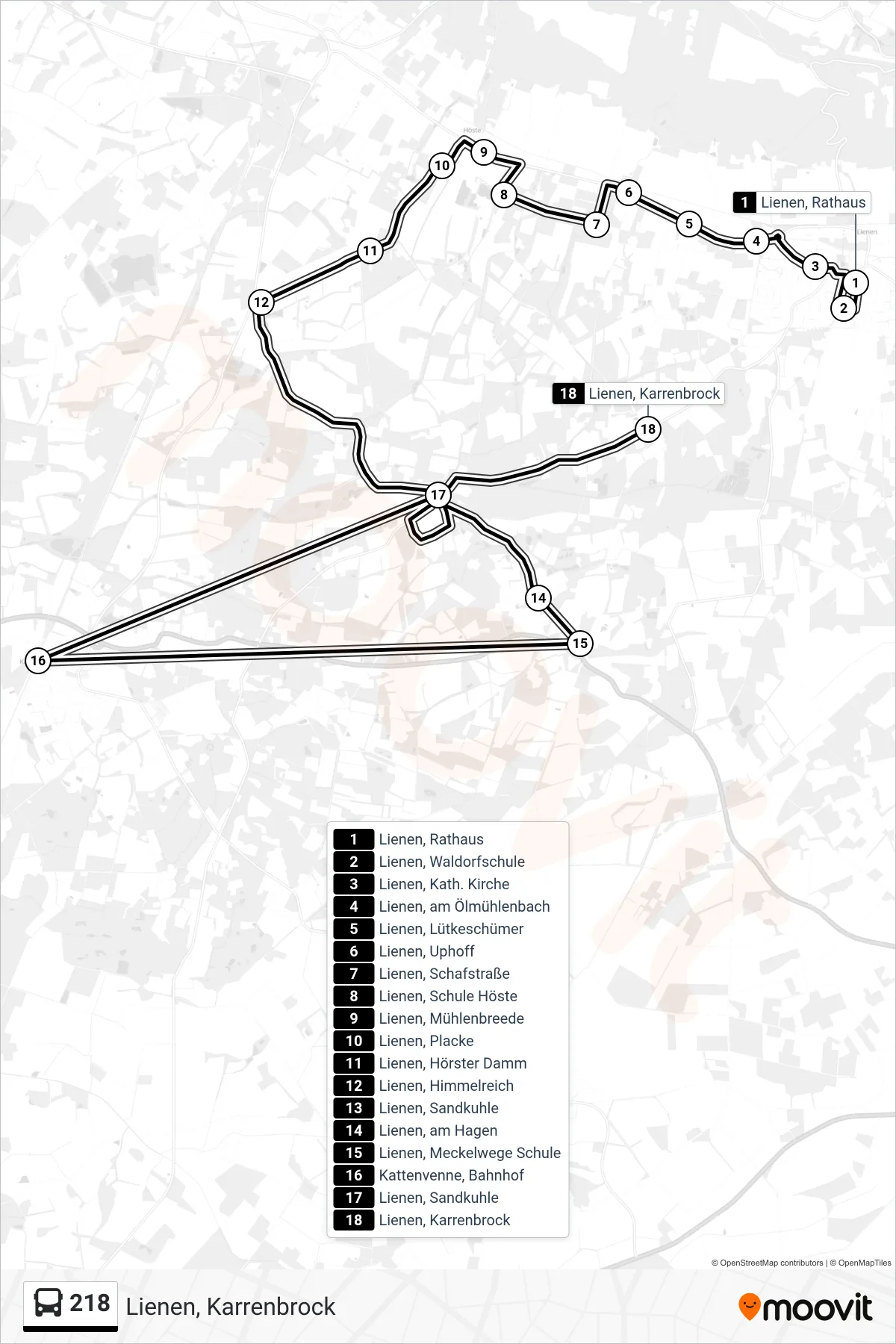 218 bus Line (Lienen, Karrenbrock) route and stops on a map