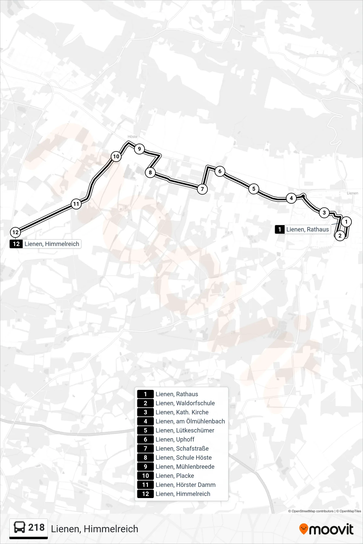218 bus Line (Lienen, Himmelreich) route and stops on a map