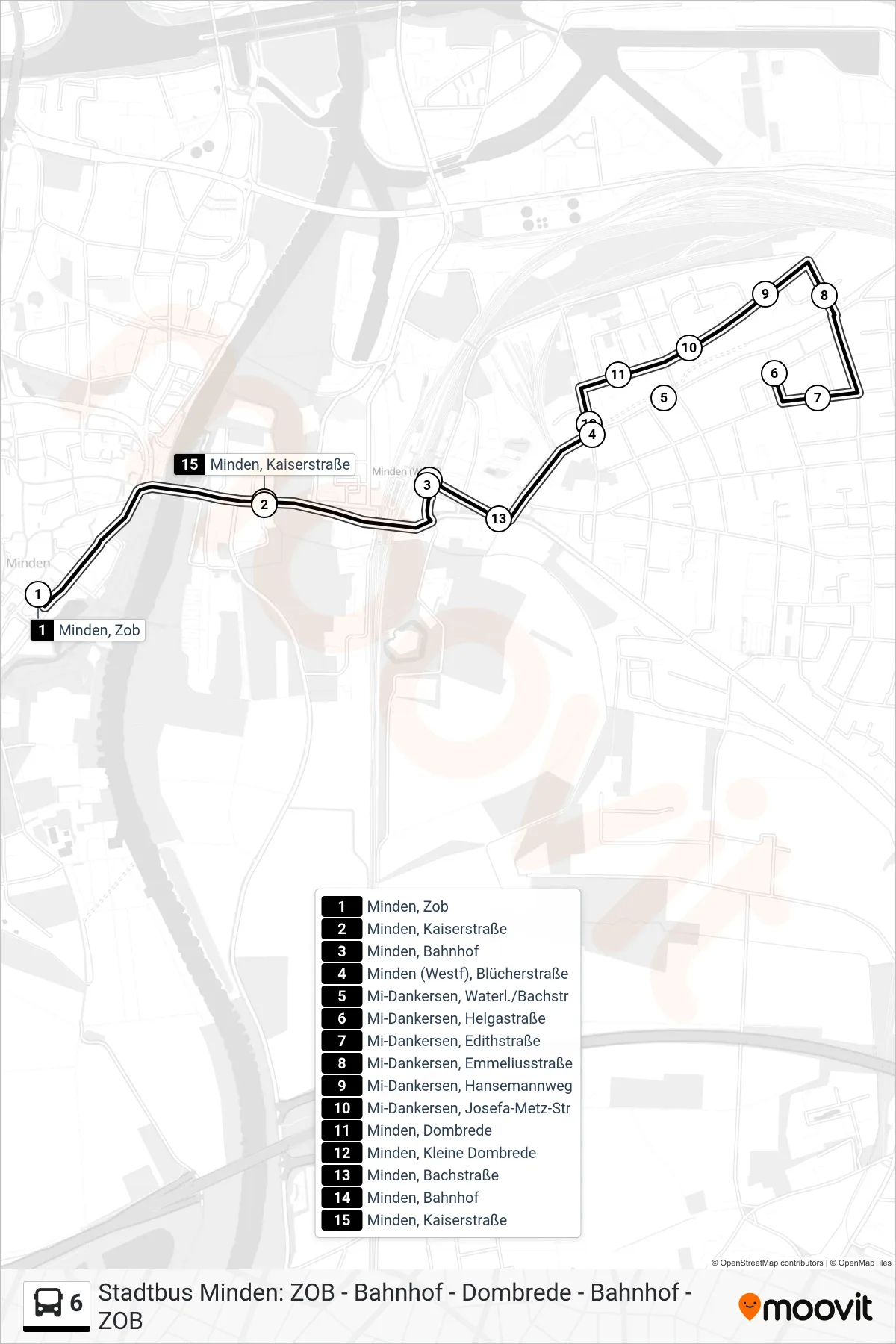 Linie 6 (Bus) Richtung Minden, Zob: Route und Haltestellen auf der Karte