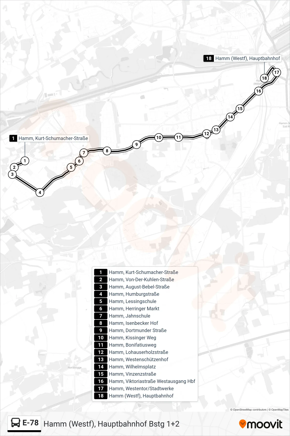 Linie E-78 (Bus) Richtung Hamm (Westf), Hauptbahnhof Bstg 1+2: Route und Haltestellen auf der Karte