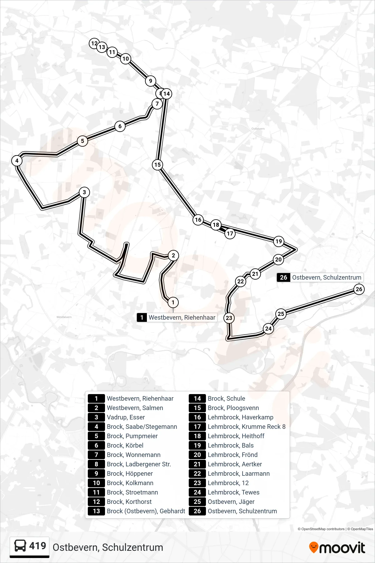 419 tram Line (Ostbevern, Schulzentrum) route and stops on a map
