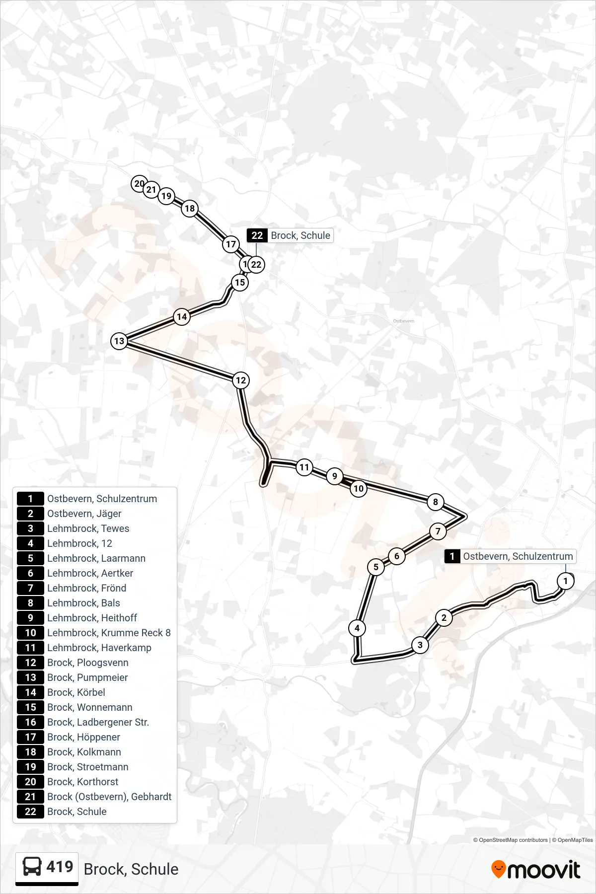 419 tram Line (Brock, Schule) route and stops on a map