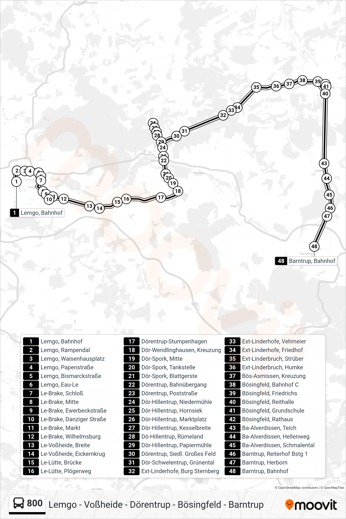 800 bus Line (Barntrup) route and stops on a map