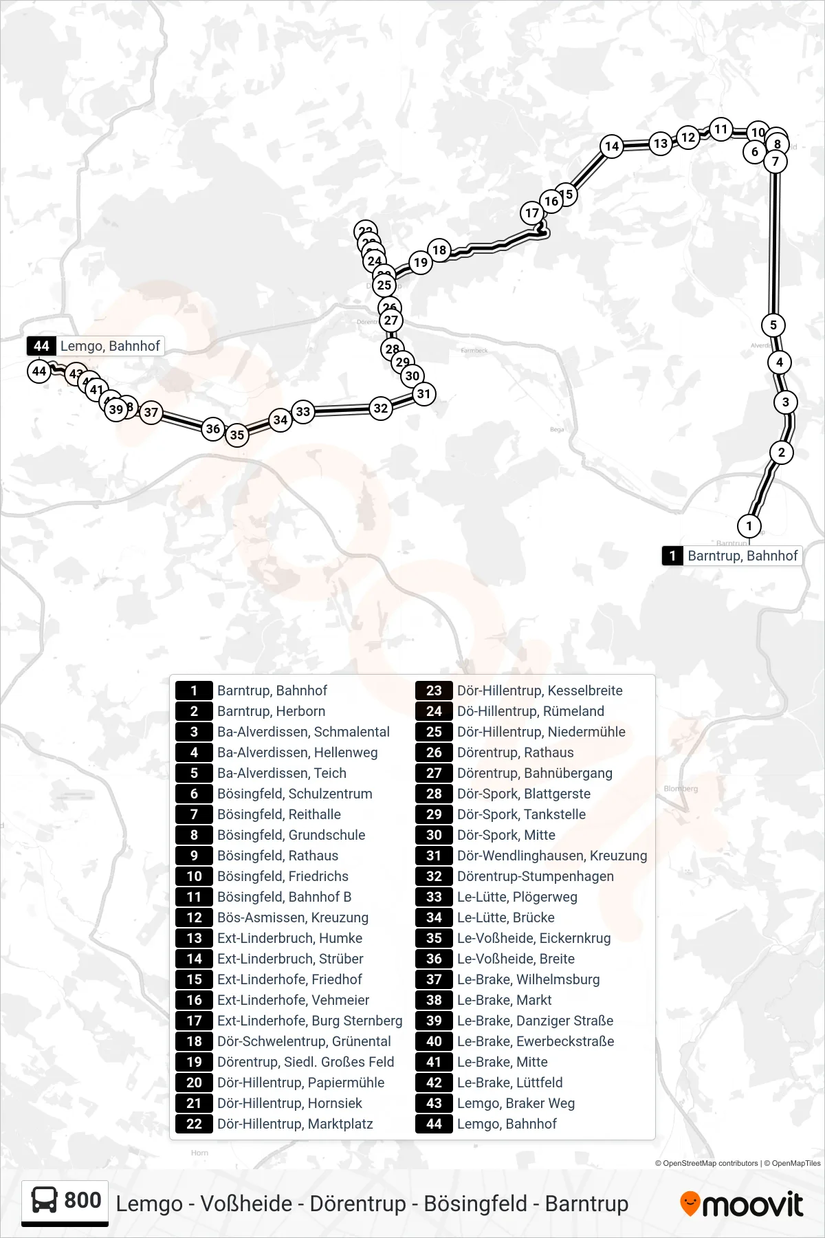 800 bus Line (Lemgo) route and stops on a map