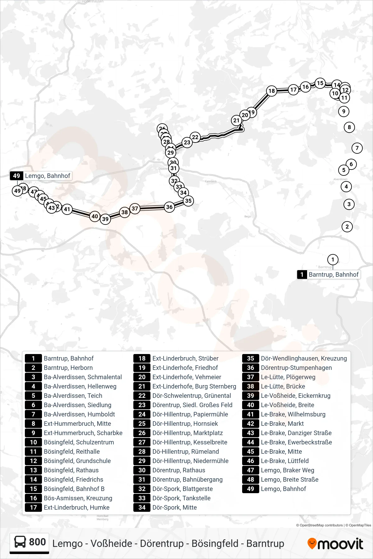 800 bus Line (Lemgo, Bahnhof Steig 3) route and stops on a map
