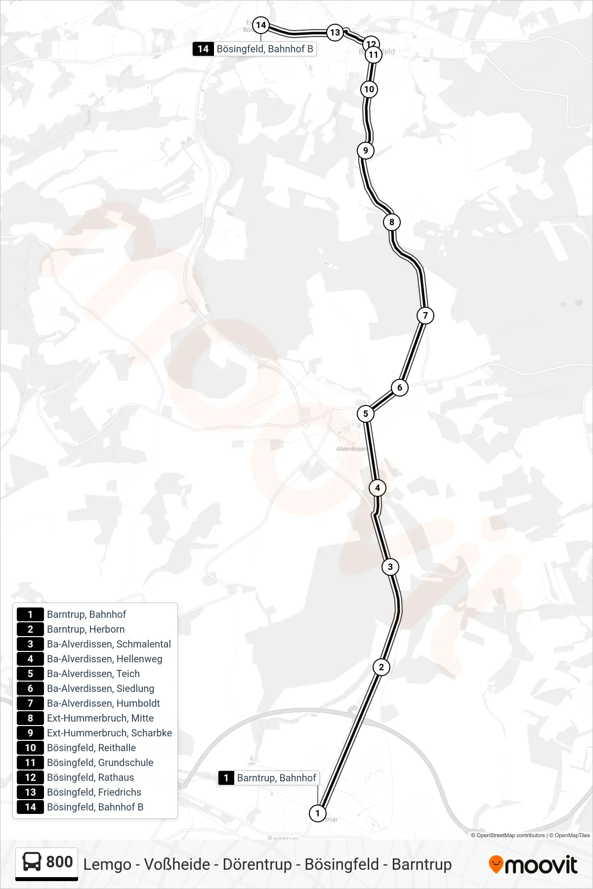 Linie 800 (Bus) Richtung Bösingfeld, Bahnhof B: Route und Haltestellen auf der Karte