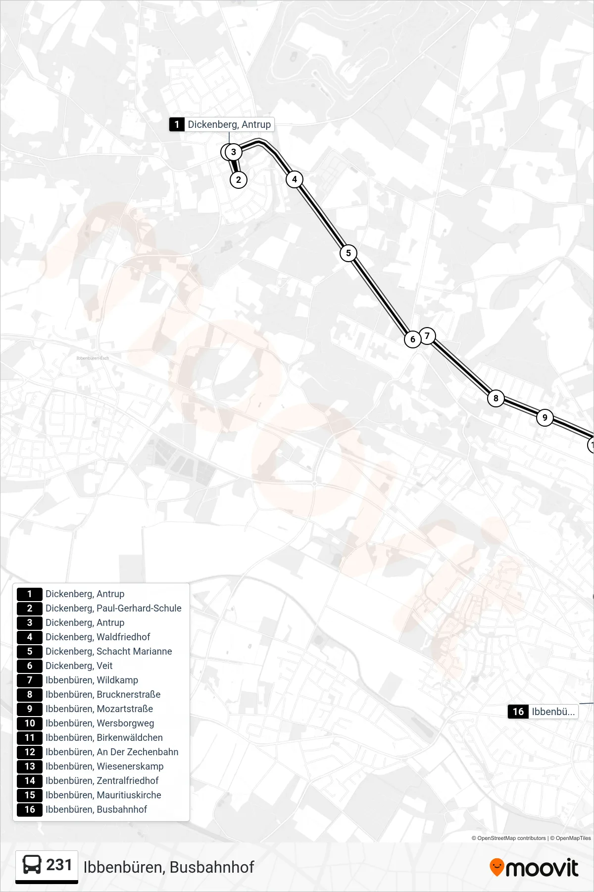 Linie 231 (Bus) Richtung Ibbenbüren, Busbahnhof: Route und Haltestellen auf der Karte