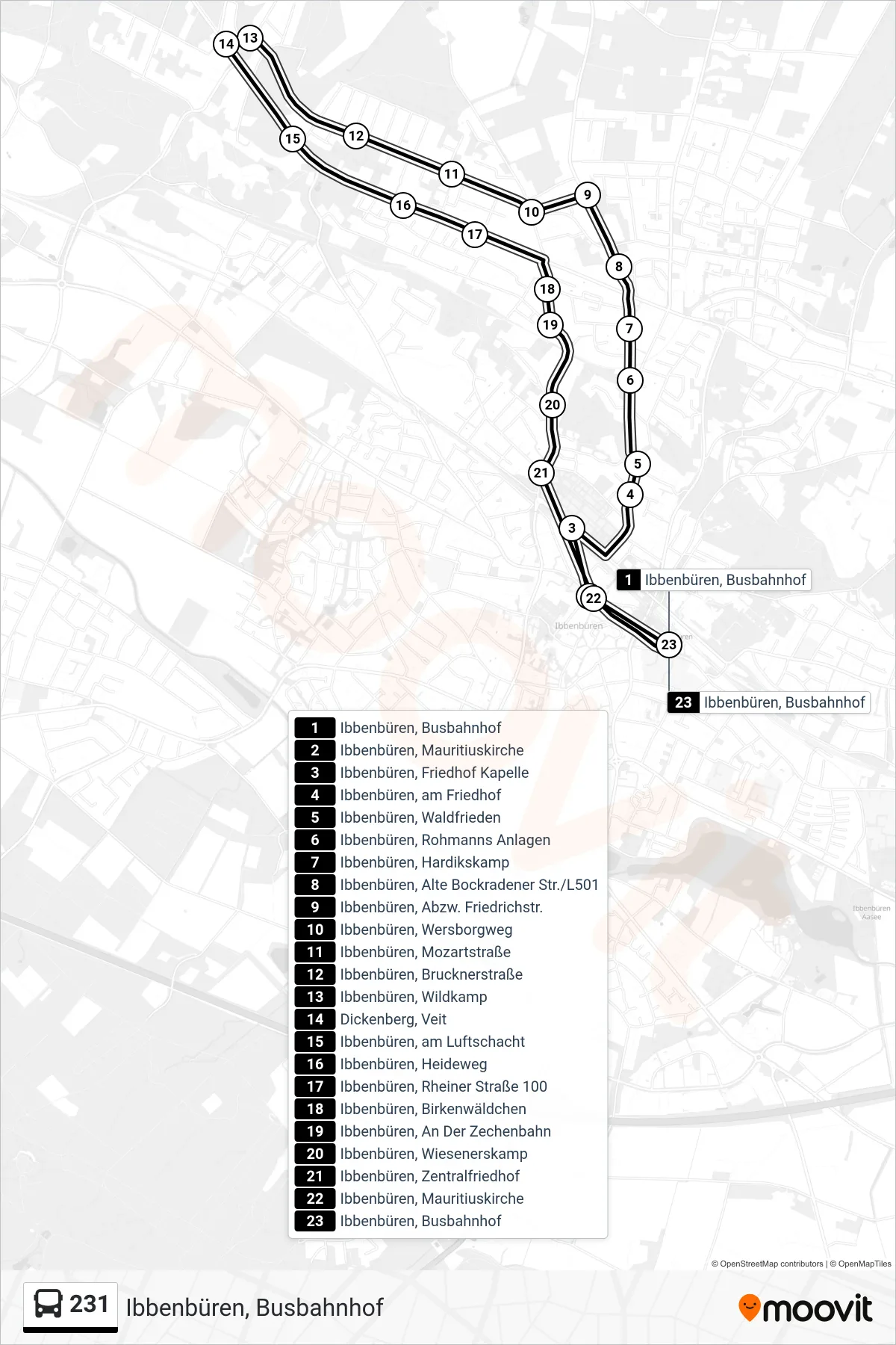 231 bus Line (Ibbenbüren, Busbahnhof) route and stops on a map