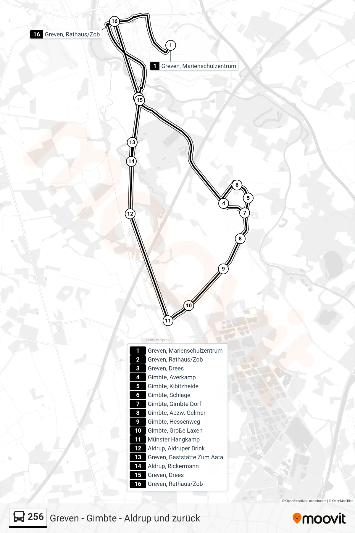 Linie 256 (Bus) Richtung Greven, Rathaus/Zob Bstg A: Route und Haltestellen auf der Karte