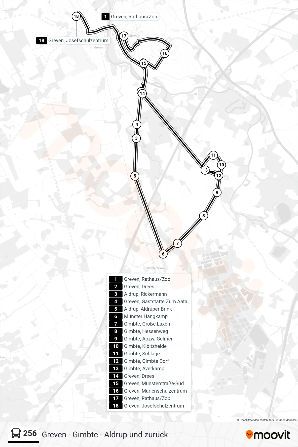 256 bus Line (Greven, Josefschulzentrum) route and stops on a map