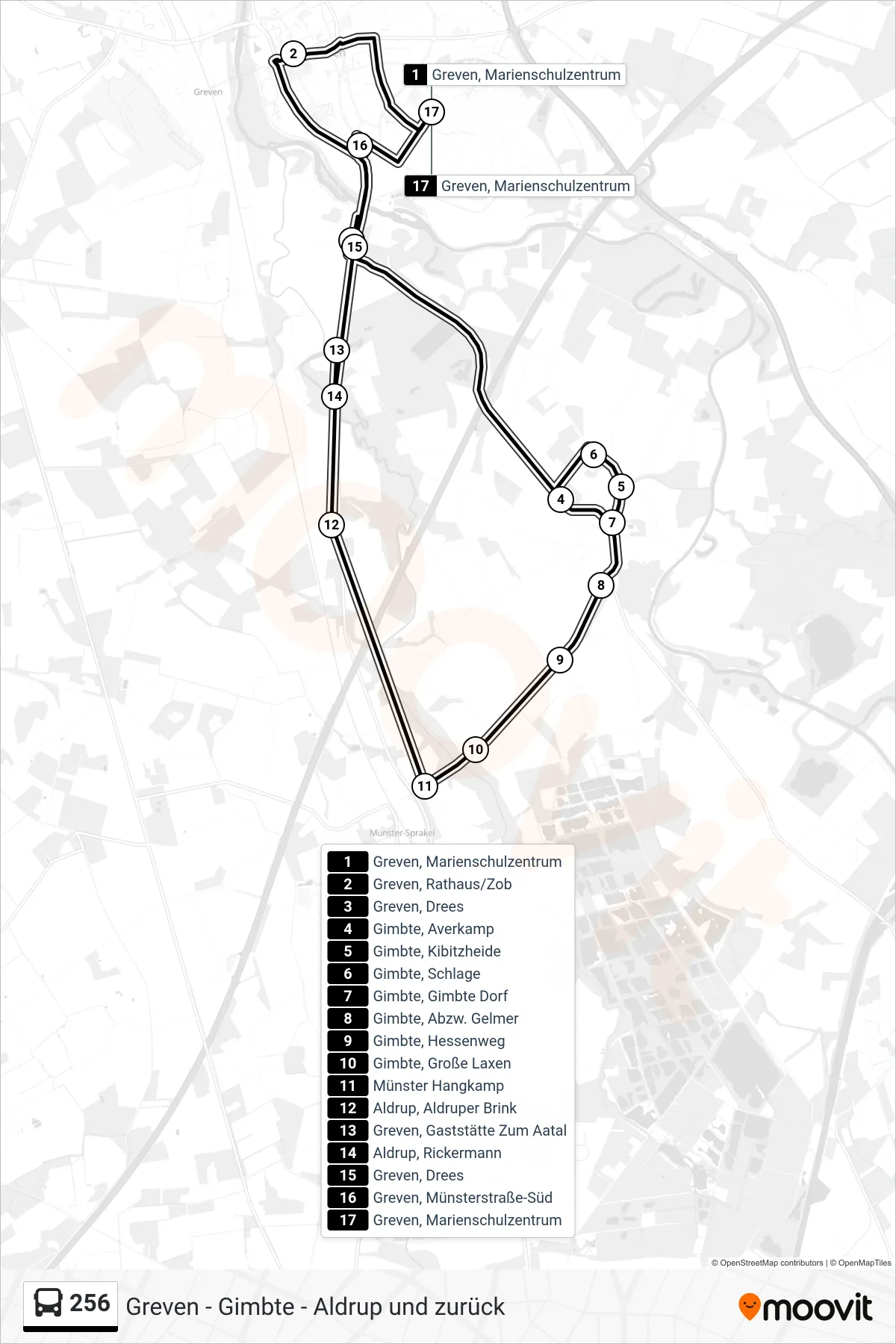 Linie 256 (Bus) Richtung Greven, Marienschulzentrum: Route und Haltestellen auf der Karte
