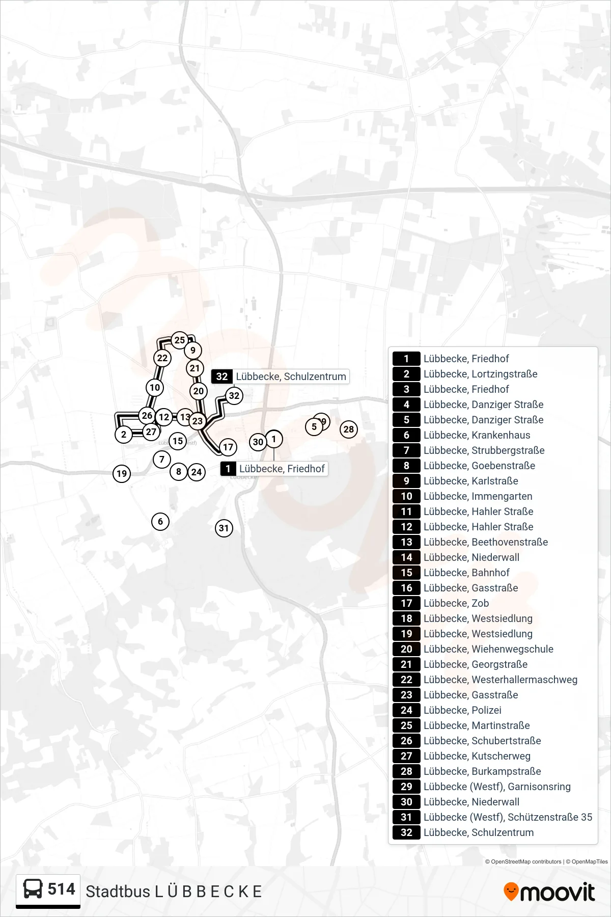 514 bus Line (Stadtbus L Ü B B E C K E) route and stops on a map