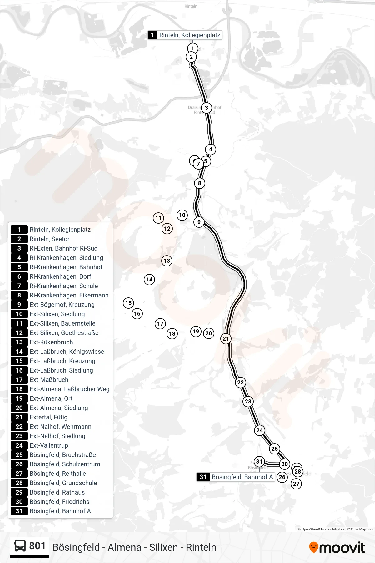 801 bus Line (Bösingfeld) route and stops on a map