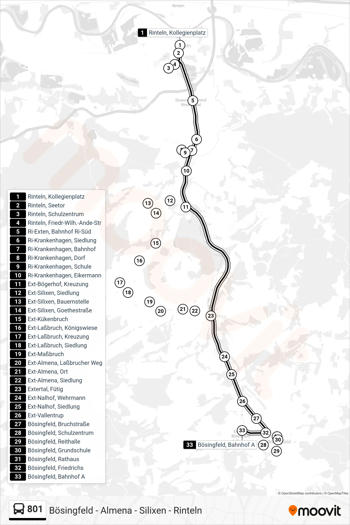 801 bus Line (Bösingfeld, Bahnhof A) route and stops on a map